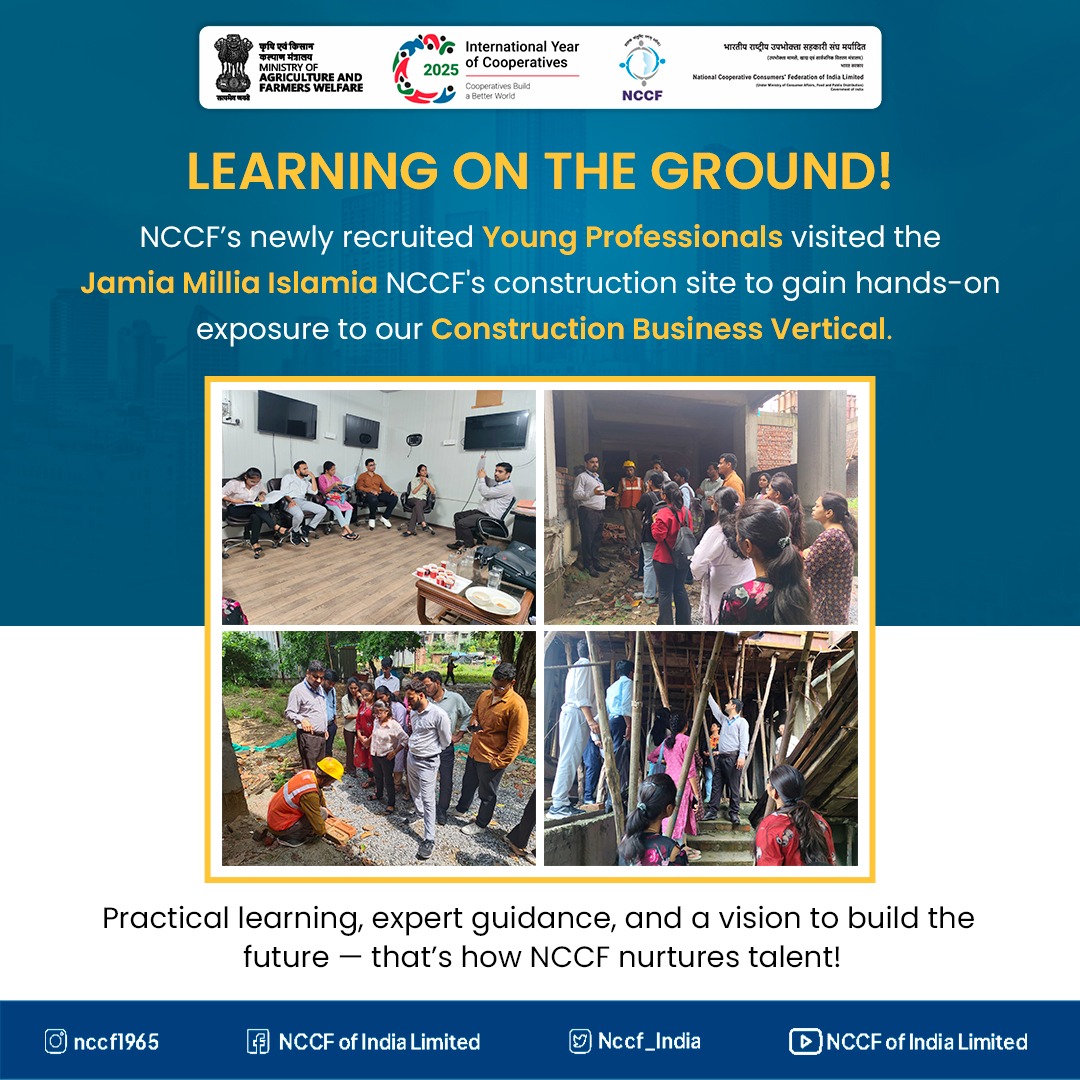 Nccf_India's tweet photo. Ground-level learning, future-ready talent!
Our newly recruited Young Professionals explored NCCF’s construction vertical, guided by experts to understand real-world operations.
#NCCF #TalentNurturing #ConstructionBusiness #FutureLeaders #YoungProfessionals https://t.co/lFo2EHoPUB