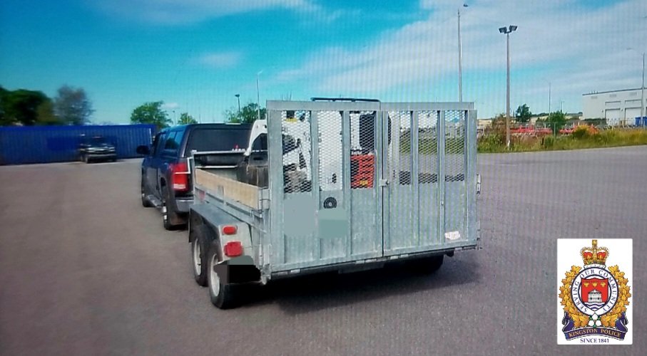 GMC towing insecure mini skid steer was stopped with expired June 2024 temp permit. Has required a Safety Cert for 1+ year. Both GMC &amp; trailer required annual inspection stickers. Declared unfit, licence plates seized. $750 in fines, towed at owner's cost. #ygk #belegit ^JB