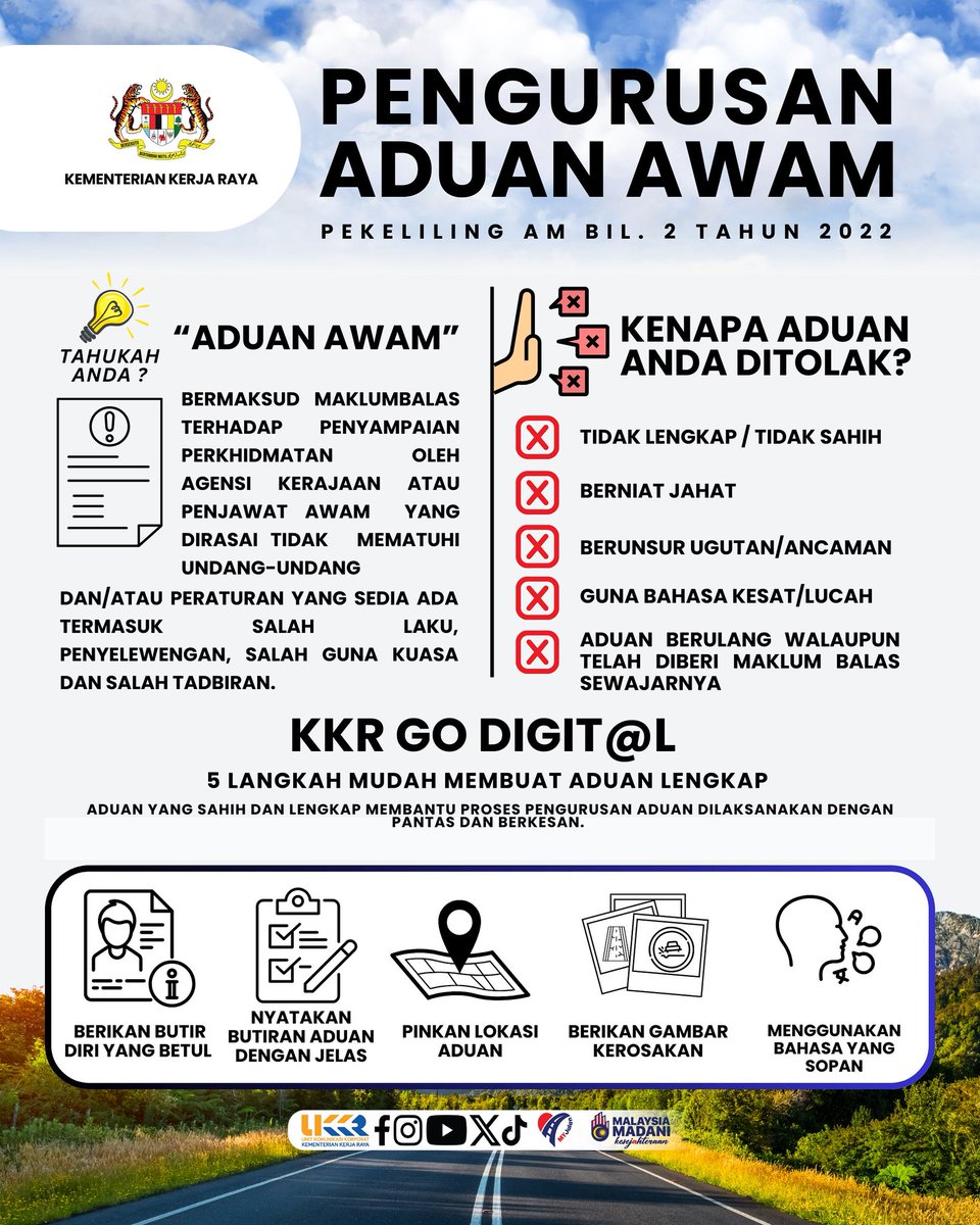 📌 Aduan lengkap = Tindakan lebih pantas!

5 langkah mudah:
📝 Butiran diri tepat
🔎 Aduan jelas
📍 Lokasi dipinkan
📸 Gambar kerosakan
🗣️ Bahasa sopan

#MYJalan 
#KKR
#JKR
#MalaysiaMADANI 
#MADANIBekerja