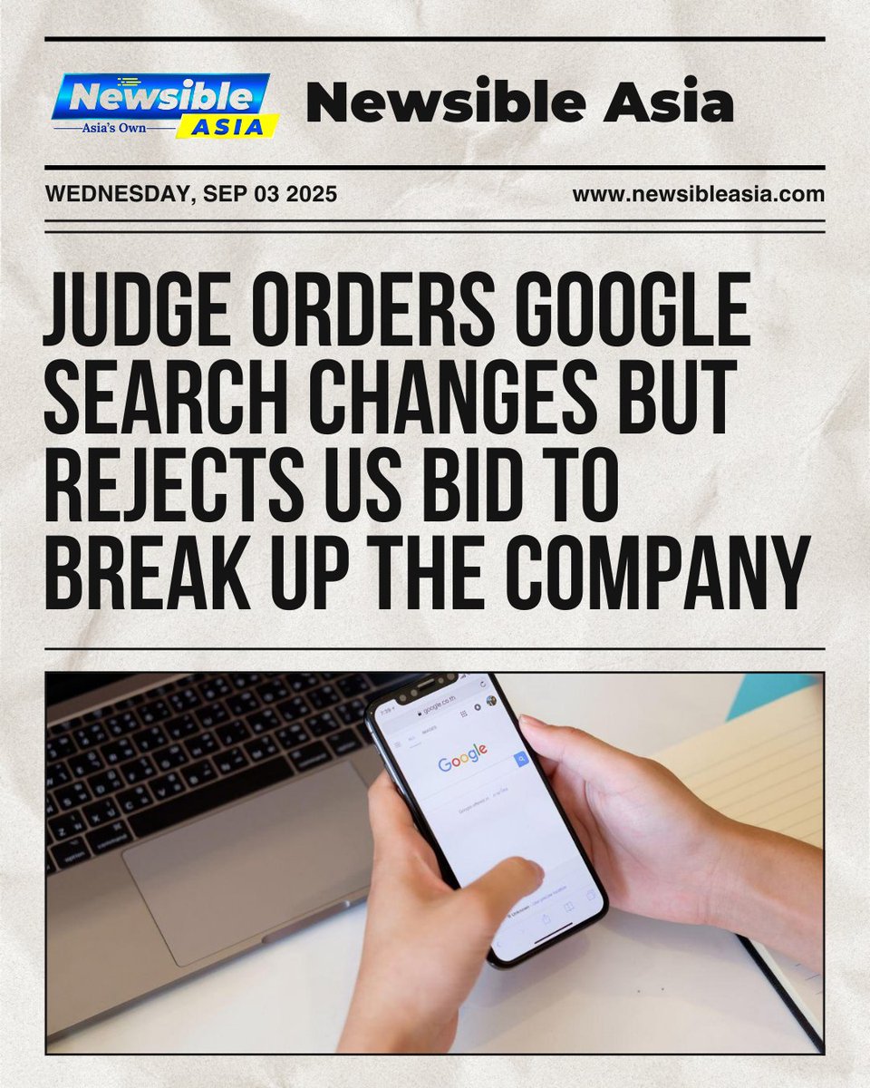 newsibleasia's tweet image. A federal judge rejected calls to break up Google but mandated search-data sharing with competitors and banned exclusivity deals, aiming to curb its monopoly.
Read more: newsibleasia.com/judge-orders-g…
#newsibleasia #GoogleAntitrust #SearchReform #TechNews