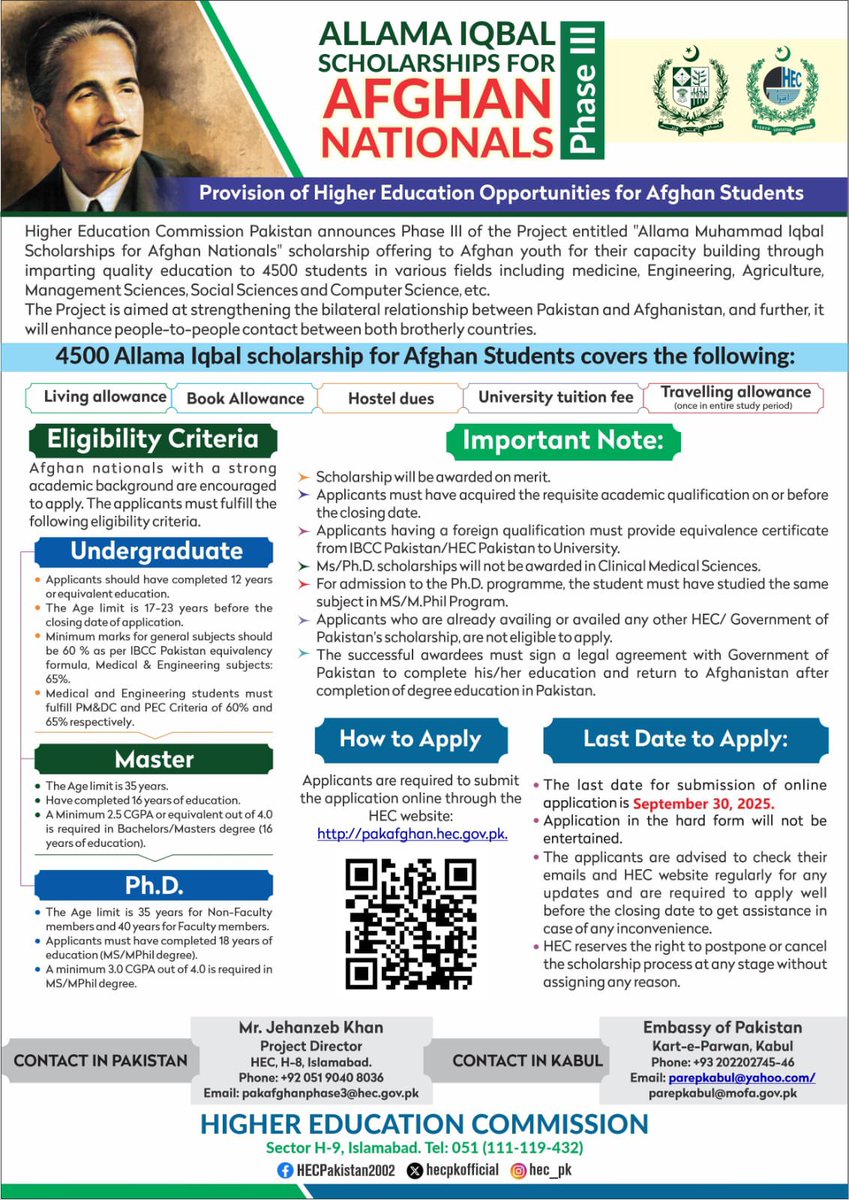 Pakistan announces third batch of Phase III of fully funded Allama Iqbal Scholarships for students from Afghanistan.
