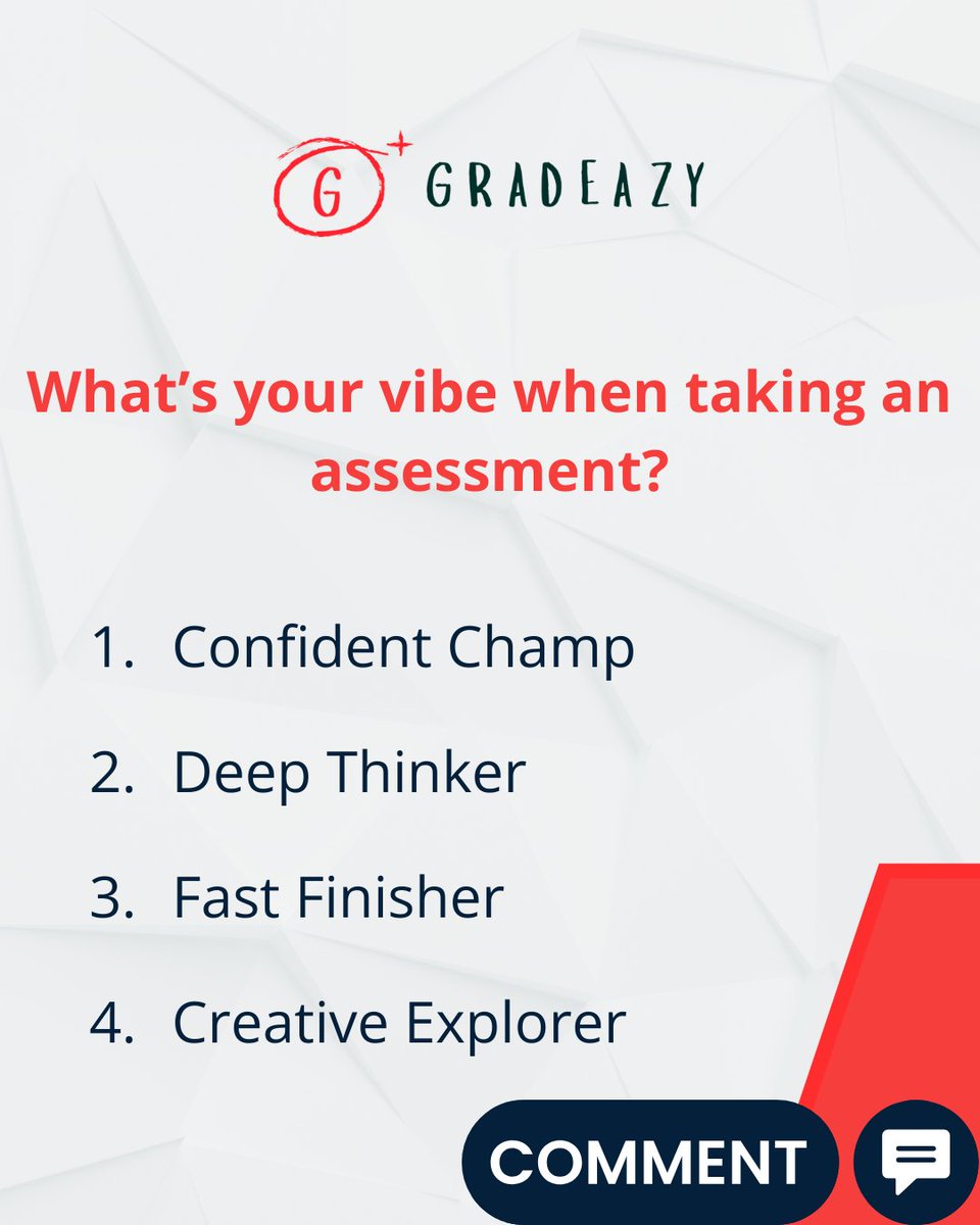 gradeazy's tweet image. Everyone has their own test-taking style. Which mood matches you best?

Get Your Free Consultation: lnkd.in/gBGEmCD9

#Gradeazy #LearningVibes #SkillGrowth #FunWithLearning