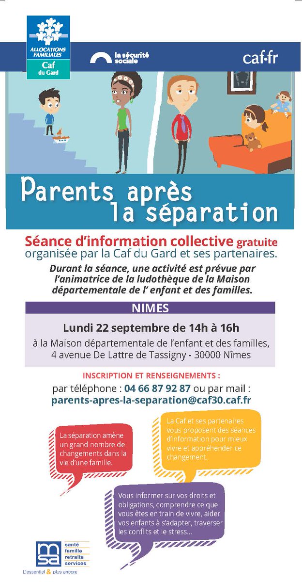 CafduGard's tweet photo. 🎯 Séparés, mais toujours parents : une réunion pour vous accompagner !

La Caf du Gard et ses partenaires vous invitent à une séance d'information collective gratuite sur le thème "Parents après la séparation".

📅 Lundi 22 septembre
🕑 De 14h à 16h https://t.co/Q1Zf5WDmkz