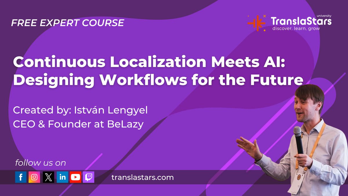 TranslaStars's tweet image. 🤖#FREE course! #ContinuousLocalization 𝗠𝗲𝗲𝘁𝘀 𝗔𝗜
🗓️25–26 Nov, 16:00 CET (~4 h)
🧠Guest: István Lengyel (BeLazy, ex-memoQ)

Learn:
👍no-touch workflows
👩‍💼human-in-the-loop
🌟routing &amp;amp; quality gates, error-tolerant design
🤖future-proof pipelines

👉 translastars.com/course/continu…