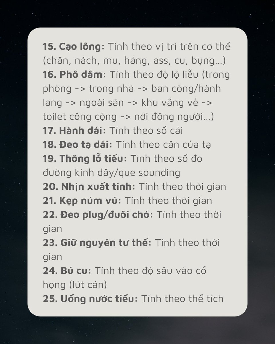 litcic2's tweet photo. MỨC ĐỘ CHỊU ĐỰNG HÀNH HẠ/HÌNH PHẠT CỦA SLAVE DOG

Dựa vào danh sách này, Boss &amp; Slave/Dog có thể thỏa thuận về mức độ hành hạ, kiểm soát... để cuộc chơi BDSM diễn ra suôn sẻ, thăng hoa. Hoặc dùng để chấm điểm Slave/Dog.

Boss Ken @BDSM_18plus / @litcic2 https://t.co/B6eCRF9MnO