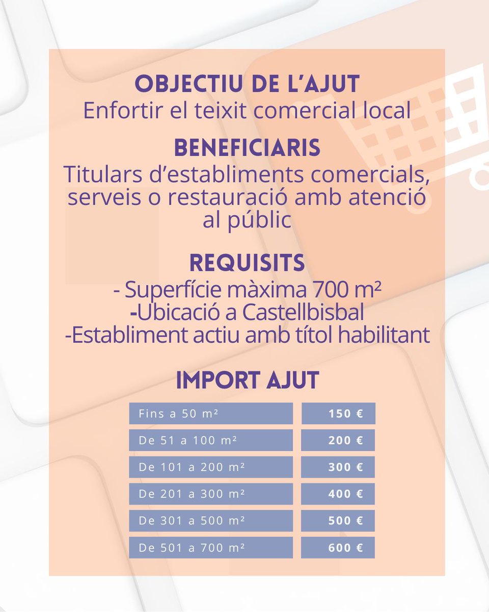 🔔 Nova convocatòria d’ajuts
L’Ajuntament dona suport al comerç local amb una nova línia d’ajuts per enfortir el teixit comercial!

📅 Termini de sol•licituds: del 3 de setembre al 31 d’octubre de 2025.

🔗 Consulta els requisits a castellbisbal.cat/ajutsalcomercl…