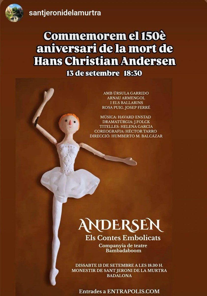 Jordi Folck (@jordi_folck) on Twitter photo 150 aniversari de H.C.Andersen. Per celebrar-ho estrenem un musical familiar que girarà per Catalunya. Dramatúrgia pròpia i direcció de <a href="/soybetomunoz/">Beto Muñoz</a> . A no perdre
Monestir de Sant Jeroni de la Murtra <a href="/badalona/">Badalona Informació</a> <a href="/lletres/">Lletres catalanes</a> <a href="/bcncultura/">Barcelona Cultura</a>
Llibret ja a les llibreries! <a href="/BarcelonaTeatre/">Teatre Barcelona</a> 150 aniversari de H.C.Andersen. Per celebrar-ho estrenem un musical familiar que girarà per Catalunya. Dramatúrgia pròpia i direcció de <a href="/soybetomunoz/">Beto Muñoz</a> . A no perdre
Monestir de Sant Jeroni de la Murtra <a href="/badalona/">Badalona Informació</a> <a href="/lletres/">Lletres catalanes</a> <a href="/bcncultura/">Barcelona Cultura</a>
Llibret ja a les llibreries! <a href="/BarcelonaTeatre/">Teatre Barcelona</a>