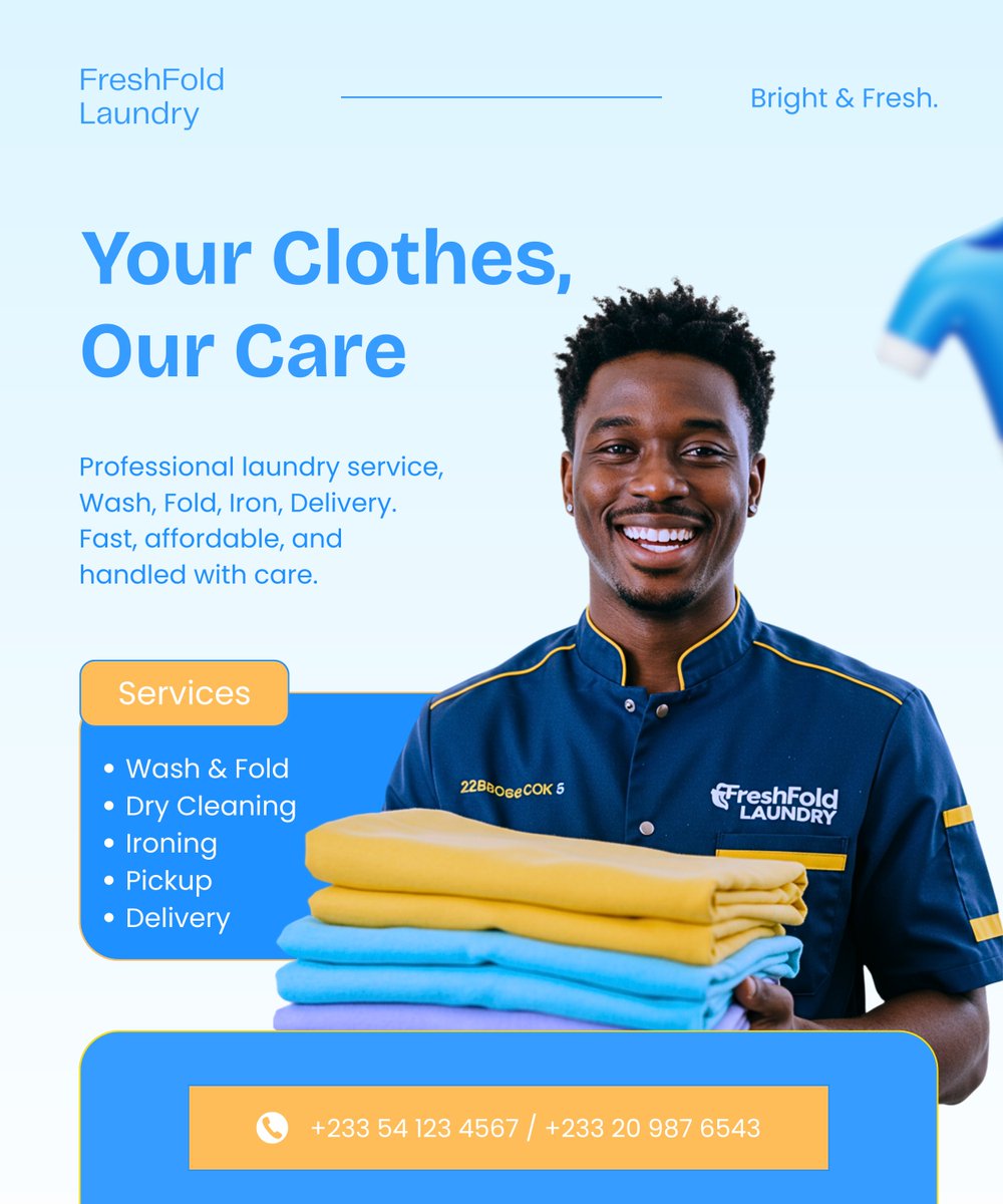 hafsyystudios's tweet photo. AI can design in seconds. Designers take time to think, feel, and tell a story.

I gave AI and myself the same flyer brief for FreshFold Laundry.

AI brought speed. I brought strategy & personality. Two different outputs, one interesting experiment.

So… which one wins? AI 🤖 or Designer 💻? Let’s hear it 👇

#DesignChallenge #AIVsHuman #FreshFoldLaundry #BrandDesign #CreativeProcess"