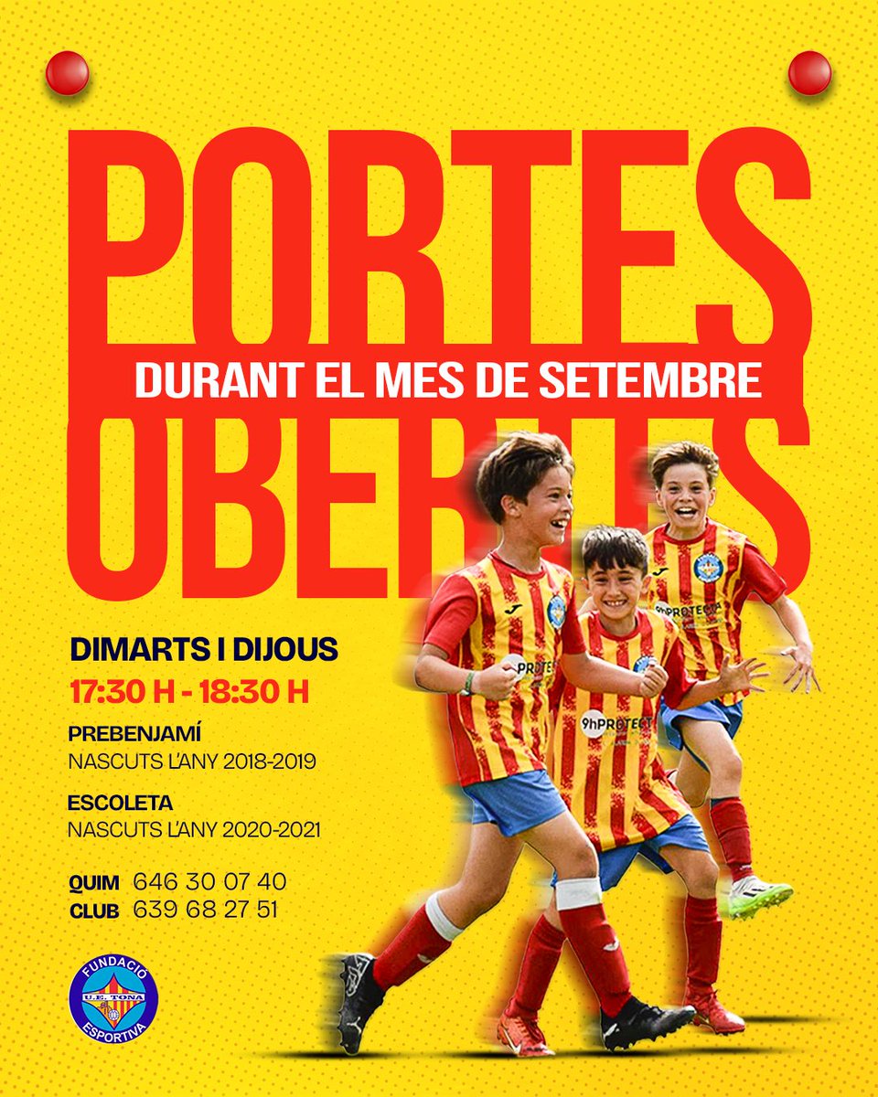 🙌🏻 𝑺𝑬𝑻𝑬𝑴𝑩𝑹𝑬 𝒅𝒆 𝒑𝒐𝒓𝒕𝒆𝒔 𝒐𝒃𝒆𝒓𝒕𝒆𝒔!

❤️‍🔥 Ja pots venir a entrenar amb nosaltres!

DIMARTS I DIJOUS 👇🏻

ℹ️ Per a més informació, envia un missatge als contactes o utilitza les xarxes del club.

#SomHiTona
#PortesObertes
🟡🔴