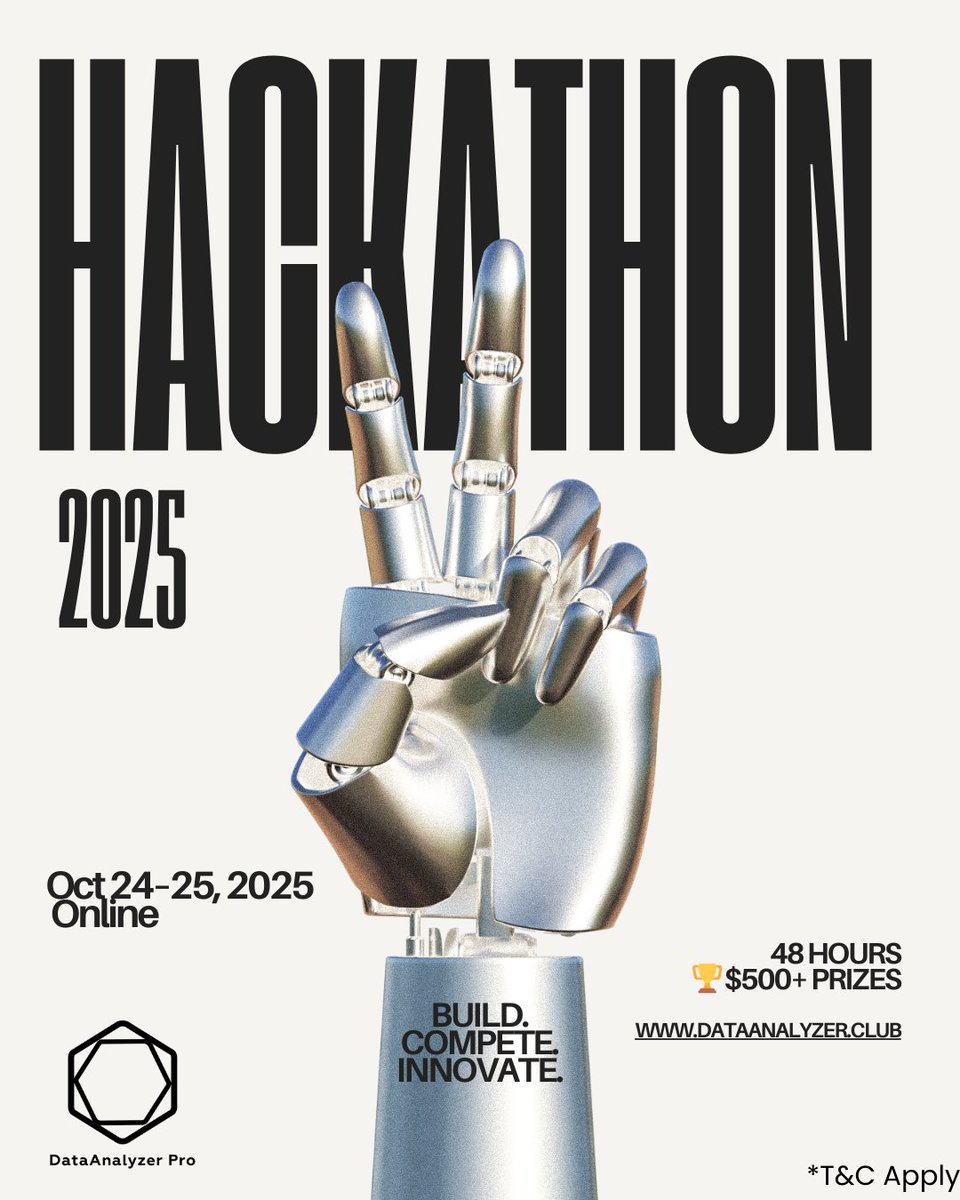 DataanalyzerPro's tweet image. ⚡ Hackathon 2025 is here!
Oct 24–25 | Online | 48 Hours of coding & creativity 🔥
🏆 $500+ in prizes + endless opportunities!
Register your team today ➡️ dataanalyzer.club
#Hackathon #Hackathon2025 #AI #Python #DataTrends #TechCommunity #InnovationChallenge