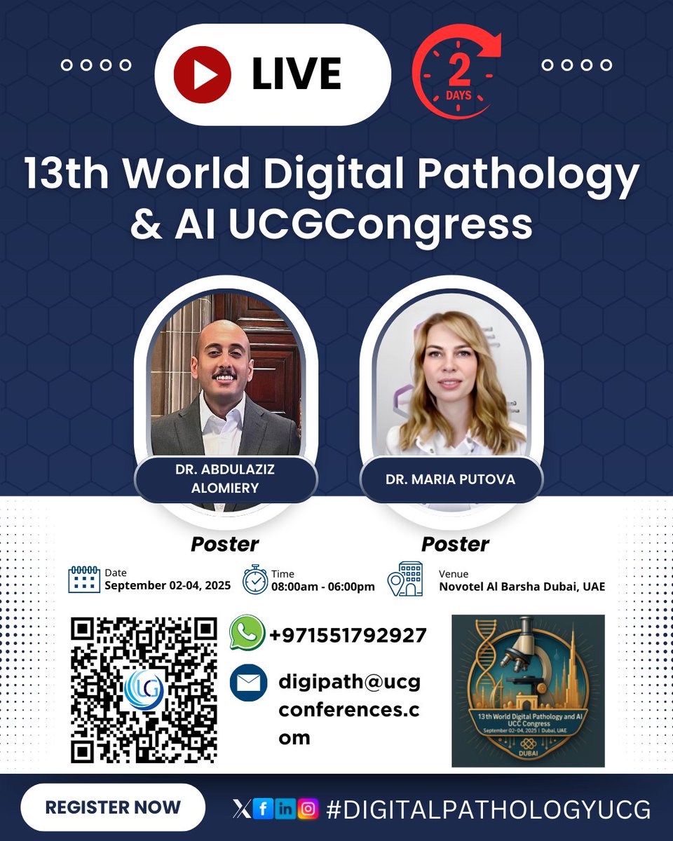 📢 LIVE NOW – 13th World Digital Pathology &amp; AI UCGCongress! 📍 Novotel Al Barsha, Dubai | Sept 02–04, 2025 🎙️ Today’s Poster Presenters: ✨ Dr. Abdulaziz Alomiery ✨ Dr. Maria Putova
💡 Sharing impactful research in #DigitalPathology &amp; #AI
#DigitalPathologyUCG #MedicalConference