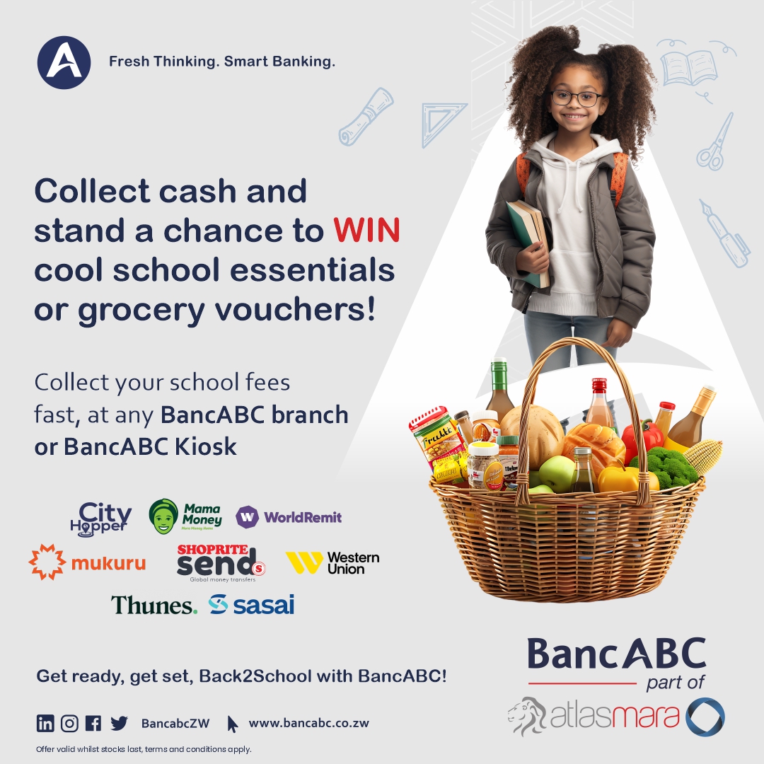 Collect school fees sent from abroad at any @bancabczw branch or kiosk 🏦

Mukuru
World Remit
Western Union
Mama Money
Shoprite Send
City hopper
Thunes or
Sasai
…and stand a chance to WIN

Kiosks are open Mon–Sat, 8 AM – 4:30 PM ⏰

Ts &amp; Cs Apply!

#BackToSchoolWithBancABC