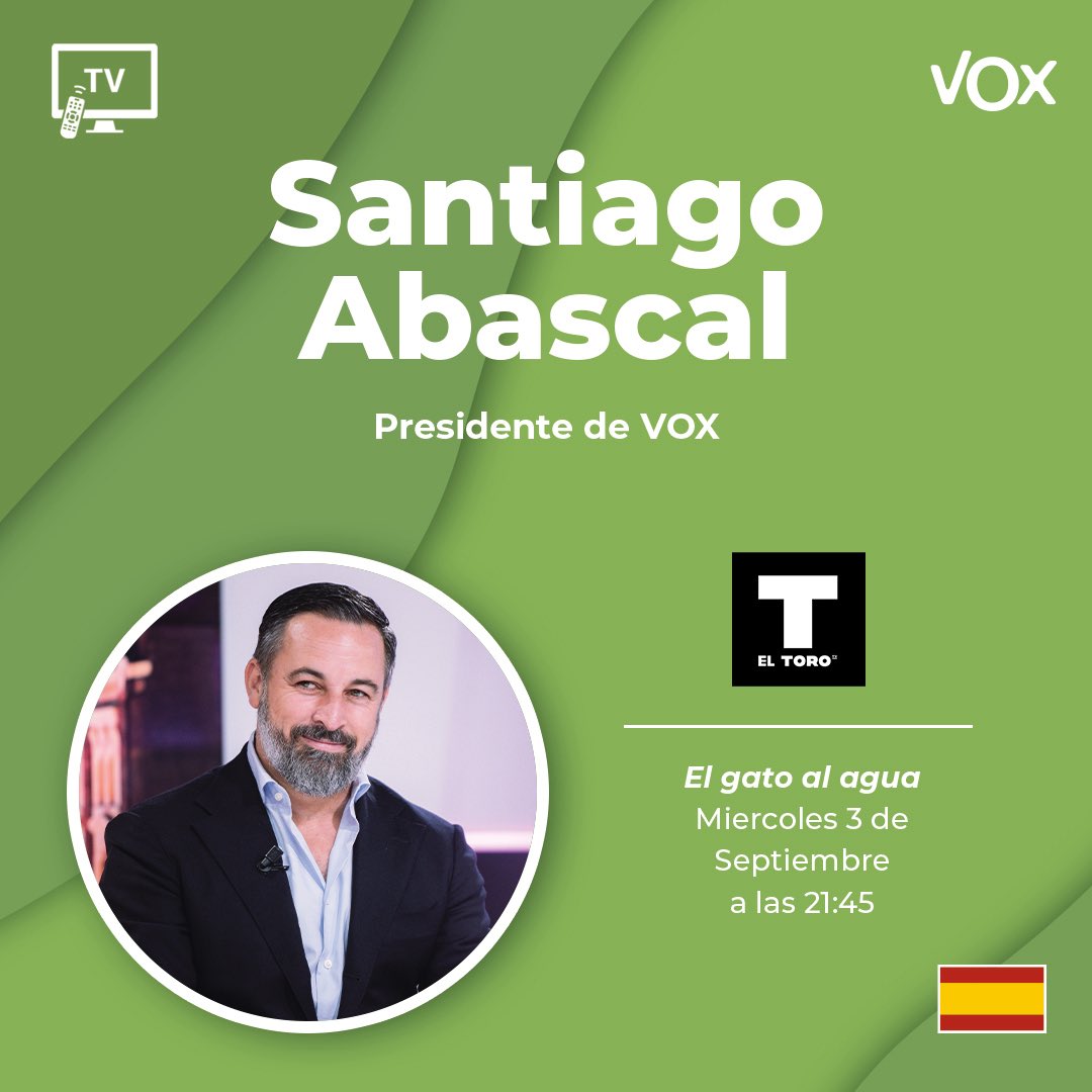 VOX 🇪🇸 (@vox_es) on Twitter photo 📺 <a href="/Santi_ABASCAL/">Santiago Abascal 🇪🇸</a> será entrevistado hoy en <a href="/eltorotv/">El Toro TV</a> 
⏰ A partir de las 21:45h.
youtube.com/@eltoro_tv?si=…
¡No te lo pierdas! 📺 <a href="/Santi_ABASCAL/">Santiago Abascal 🇪🇸</a> será entrevistado hoy en <a href="/eltorotv/">El Toro TV</a> 
⏰ A partir de las 21:45h.
youtube.com/@eltoro_tv?si=…
¡No te lo pierdas!