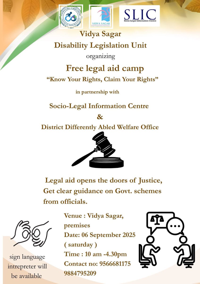 abilityfdn's tweet photo. ⚖️ Free Legal Aid Camp on Disability Rights
🗓 6 Sept 2025 | ⏰ 10 AM – 4:30 PM
📍 Vidya Sagar premises
Get guidance on govt. schemes & legal rights.
(Sign language interpreter available)
#DisabilityRights #LegalAwareness #VidyaSagar #KnowYourRights #AbilityFoundation https://t.co/YwD0hghQO8
