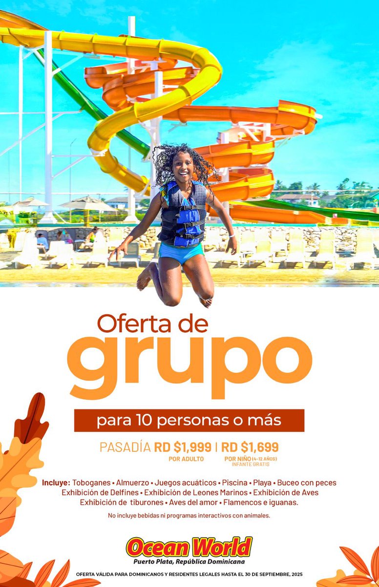 El septiembre 
Junta un grupo de 10 personas o más y obtenemos precio especial en el pasadía.

Pasadía con almuerzo, toboganes, piscinas, ver todos los shows, playa y juegos acuáticos 

Precio regular RD$2,499 y si juntan un grupo el precio baja a RD$1,999 

8092911000