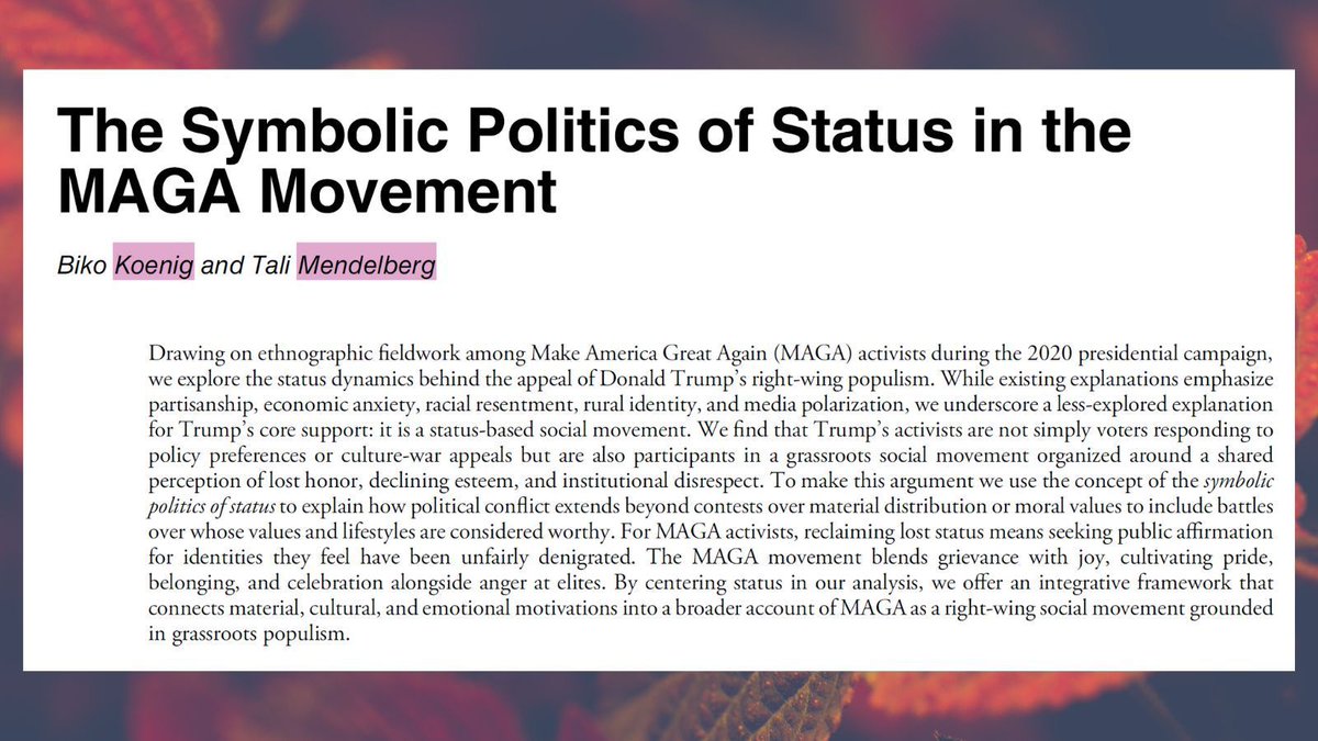 PoPpublicsphere's tweet image. NOW OUT ON FIRSTVIEW!!

The #Symbolic #Politics of #Status in the #MAGA #Movement

By Biko Koenig &amp;amp; @TMendelberg

doi.org/10.1017/S15375…