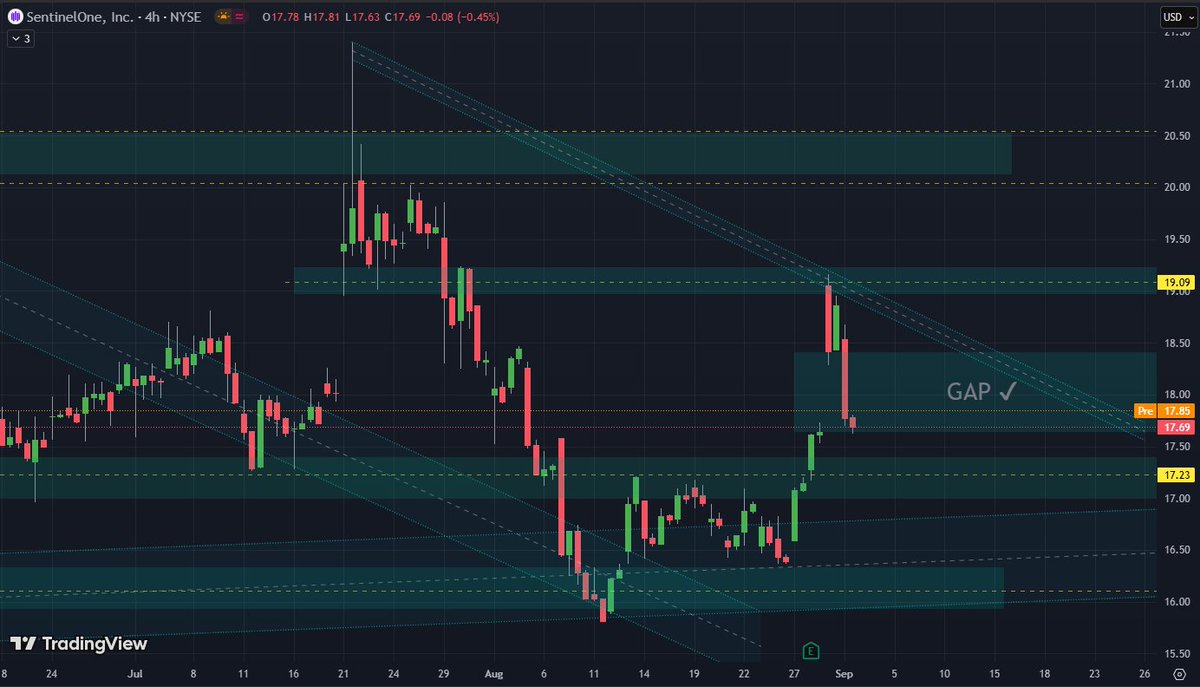 $S update: Repurchased all shares sold post-ER at $19.04 yesterday during the dip at $17.69 (had a limit buy set to fill the gap post-ER). Let's see another attempt to break above $19.
In a case the retracemnt will continue, I have another BUY limit set at 17.09-17.19
