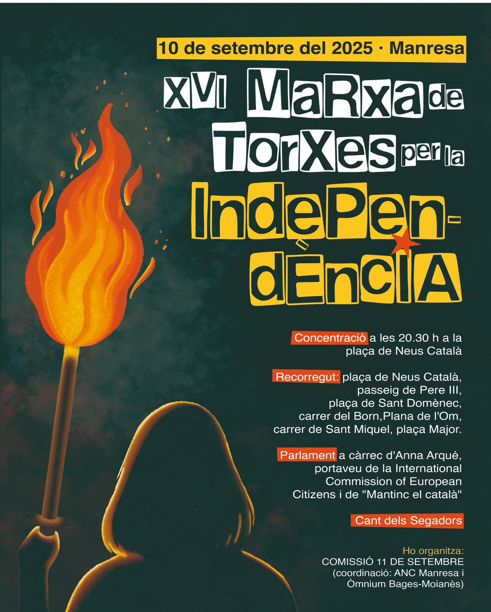 Aquest 10 setembre a Manresa encendrem les Torxes!! 🔥
Amb en <a href="/PhylGriffiths/">Phyl Griffiths</a> president <a href="/YesCymru/">YesCymru</a> i portaveu
<a href="/ICECintl/">ICEC</a> en <a href="/GeraintPanorama/">Geraint Thomas</a> en <a href="/ValckBart/">Bart De Valck</a> Flanders, Chris White d’Escòcia i tots els bagencs que lluiten per aquesta terra i llengua catalana! 
👉 regio7.cat/manresa/2025/0…