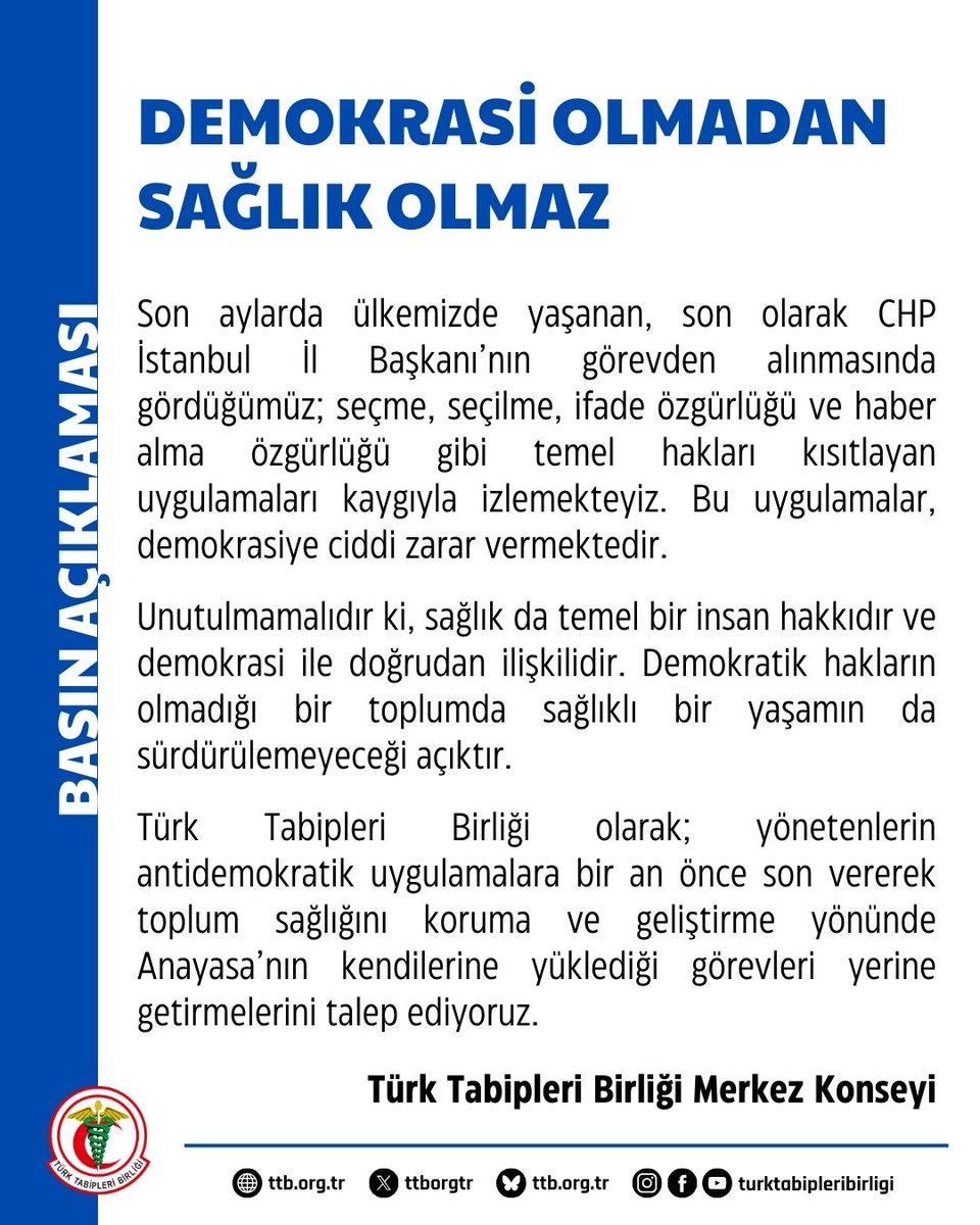 Demokrasi Olmadan Sağlık Olmaz

Son aylarda ülkemizde yaşanan, son olarak CHP İstanbul İl Başkanı’nın görevden alınmasında gördüğümüz; seçme, seçilme, ifade özgürlüğü ve haber alma özgürlüğü gibi temel hakları kısıtlayan uygulamaları kaygıyla izlemekteyiz. Bu uygulamalar,