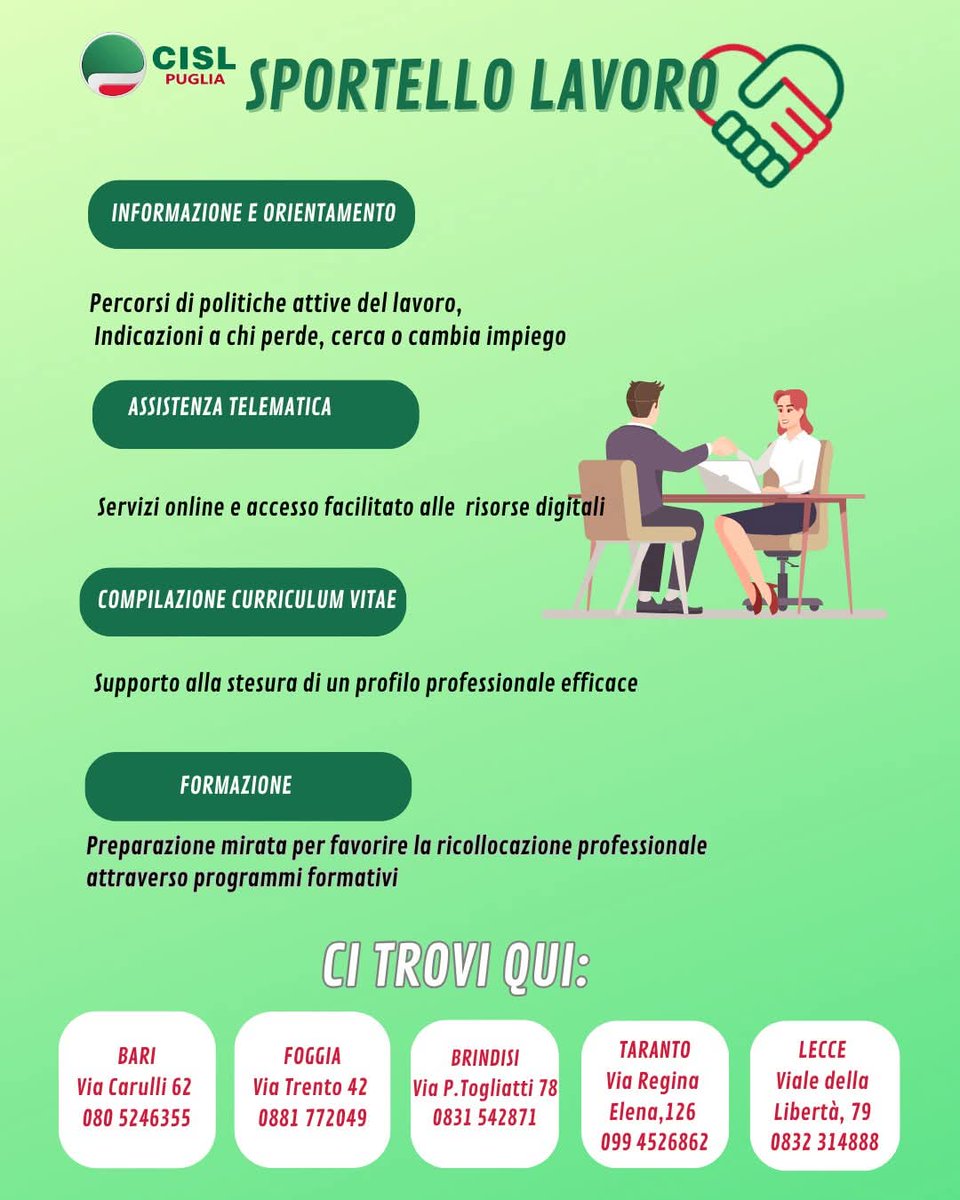 Sei alla ricerca del tuo primo impiego, hai perso o vuoi cambiare #lavoro? Affidati allo Sportello Lavoro #CISL. Trova la sede più vicina a te!
