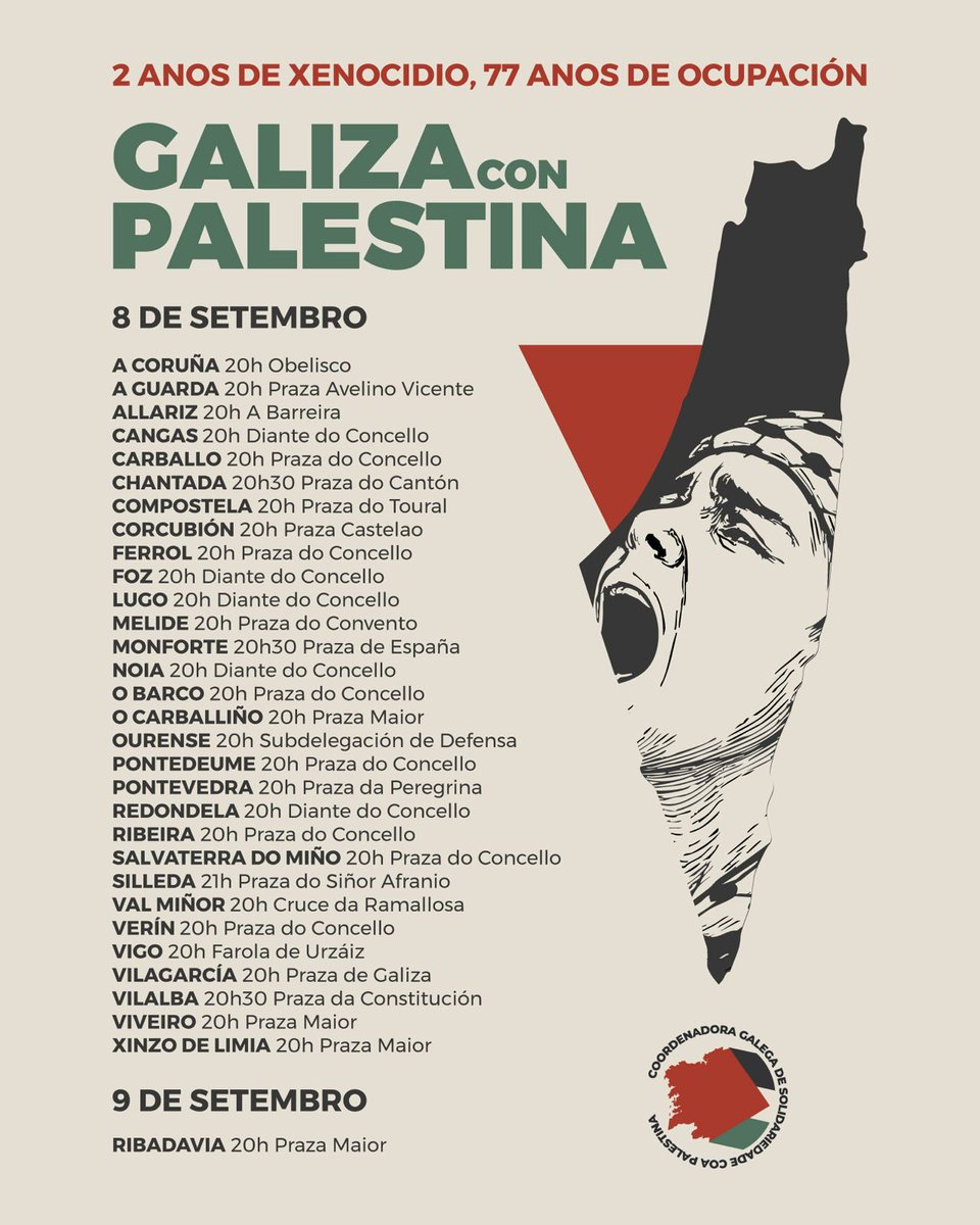 A camiño da Manifestación Nacional do 5 de Outubro, a Coordenadora Galega de Solidariedade coa Palestina chama a continuar a mobilización popular na Galiza con convocatorias por todo o país. #GalizaConPalestina