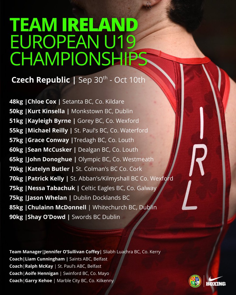 The Team Ireland team to contest the World Boxing European U19 Championship has been named.

The tournament, the first ever European U19 benchmark competition, will take place at the Černá Louka Arena in Ostrava, in the Czech Republic/Czechia from September 30th to October 9th.