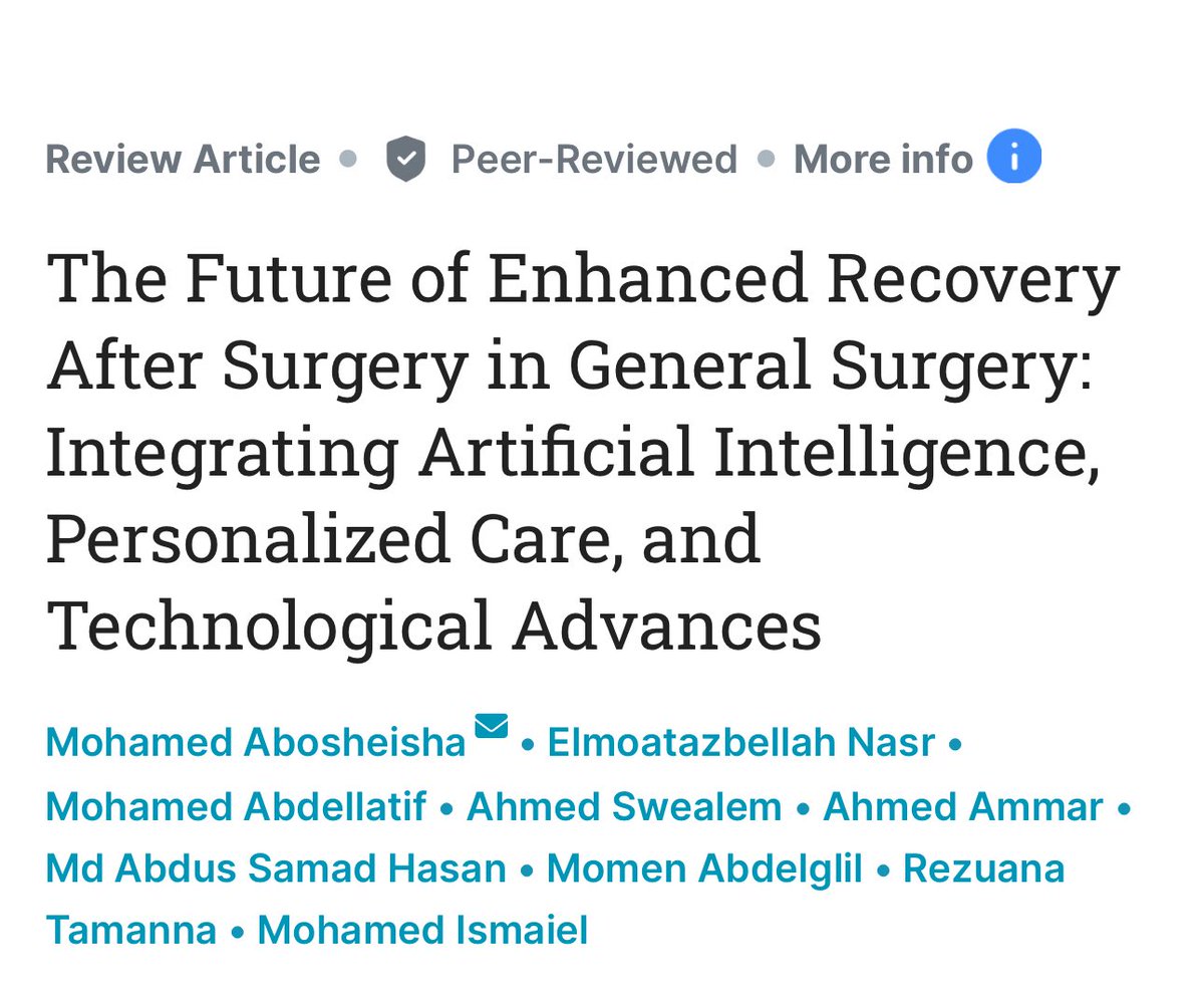 My first authorship paper was published today.

“The Future of Enhanced Recovery After Surgery in General Surgery: Integrating AI, Personalized Care &amp; Technological Advances”

Huge thanks to our amazing team who made this possible. 

cureus.com/articles/40605…