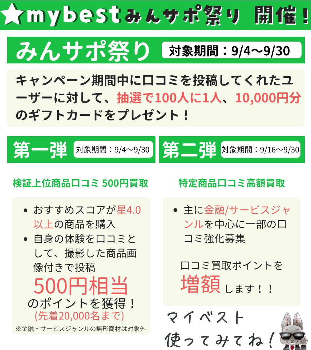 Rabbidayonn's tweet image. ＼総額1,200万円相当還元CP／
欲しい商品やサービスを比較・検討できる マイベストで
参加手順(リプ参照)を満たすと、500円相当のポイント（先着2万名）、さらに10,000円分のギフトカード（100人に1人）を獲得できるみんサポ祭り開催!!
買い物のお供に是非使ってみて!
#マイベスト #みんサポ祭り #PR