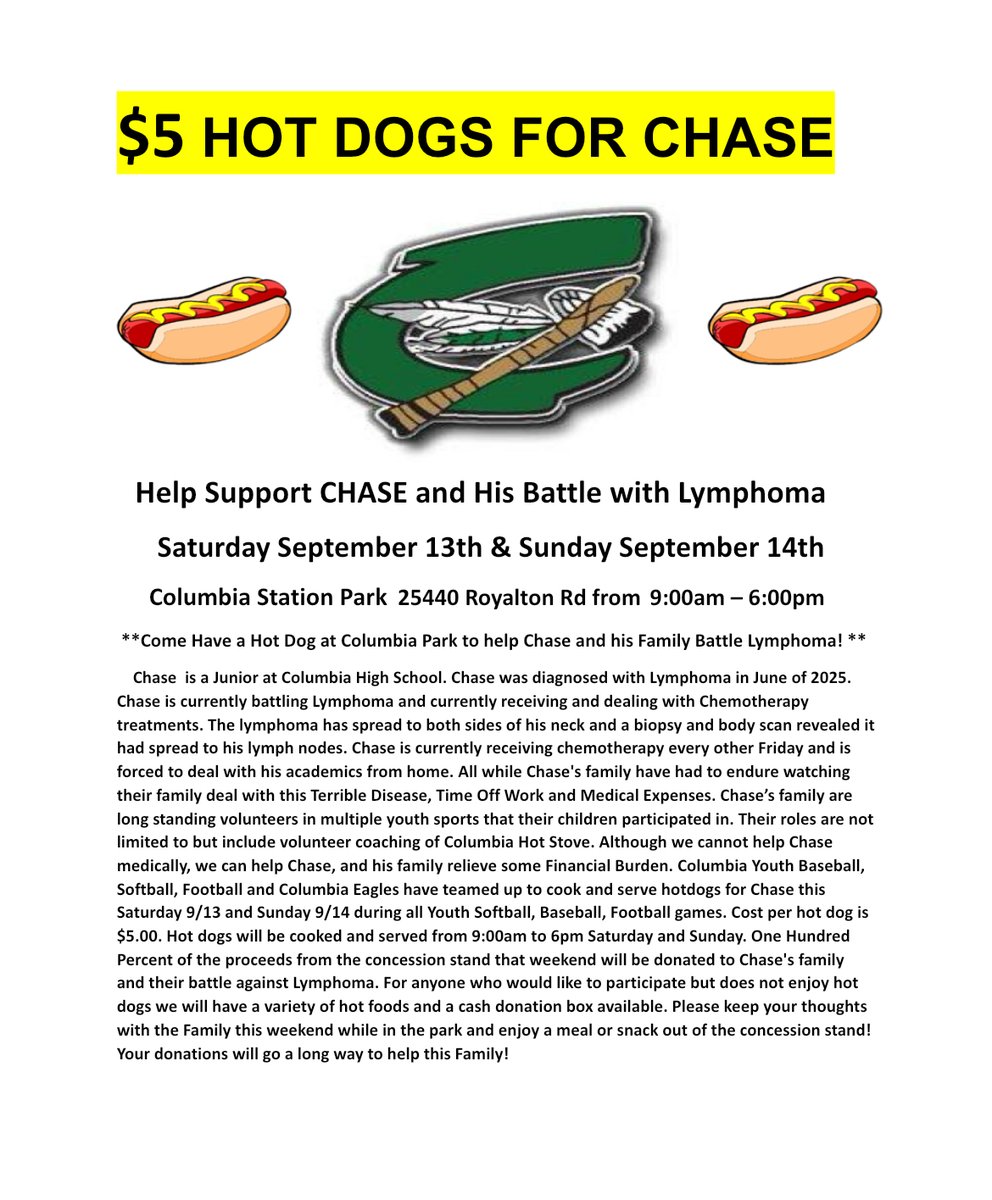🚨 Community Alert 🚨
Hello Columbia community!  We have a young man in our community battling Lymphoma.  Please join us on 9/13 and 9/14 from 9-6 at Columbia Park to help support this family.  All proceeds will go directly to the family.

<a href="/CHSRaiders/">ColumbiaRaiders</a>