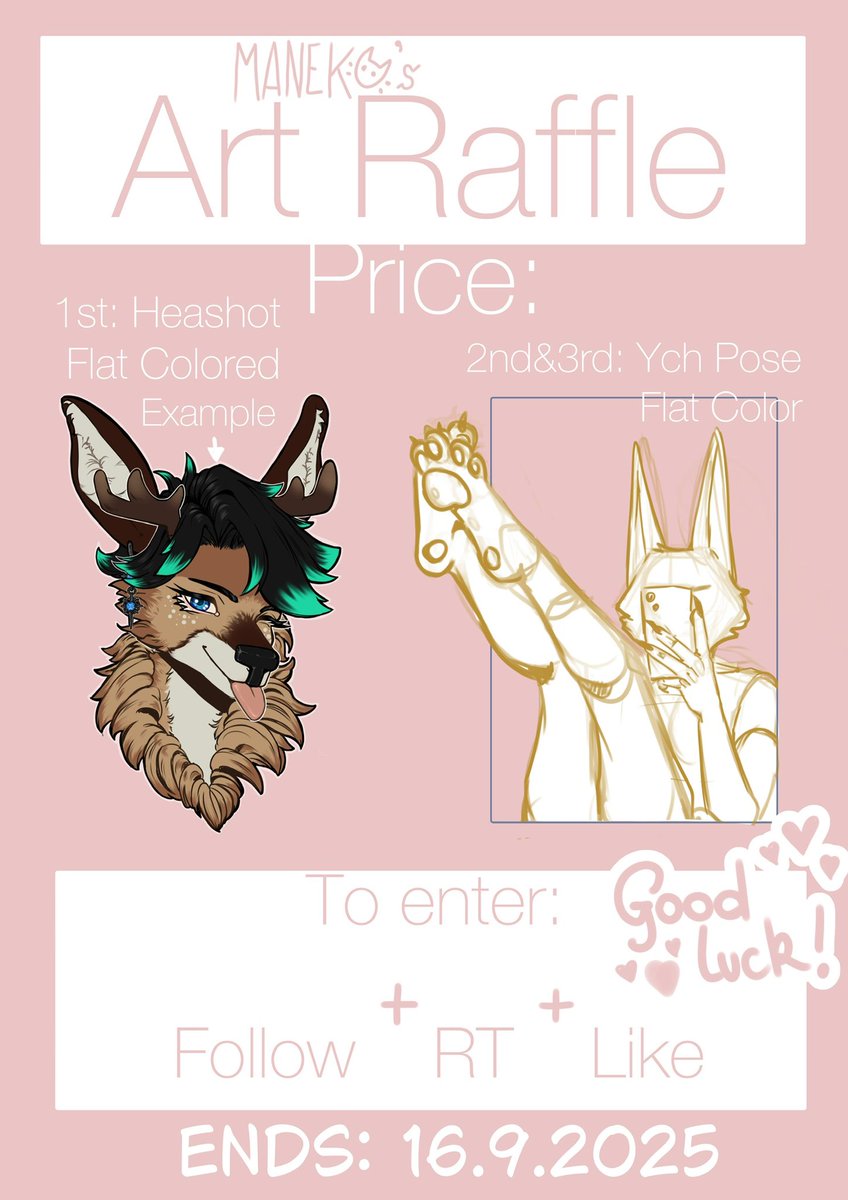 [ART RAFFLE TIME TO CELEBRATE MY ENTERING TO X] 
٩(๑❛ᴗ❛๑)۶ GET YOUR OWN FREE ART! 

٩( ᐛ )وTo Enter: Follow + Like + RT
٩( ᐛ )و End: 16.9.2025 
\(//∇//)\ I wish you good luck 🩷

#furry #artraffle #Giveaway #furryartist #freeart #furries #furryfandom