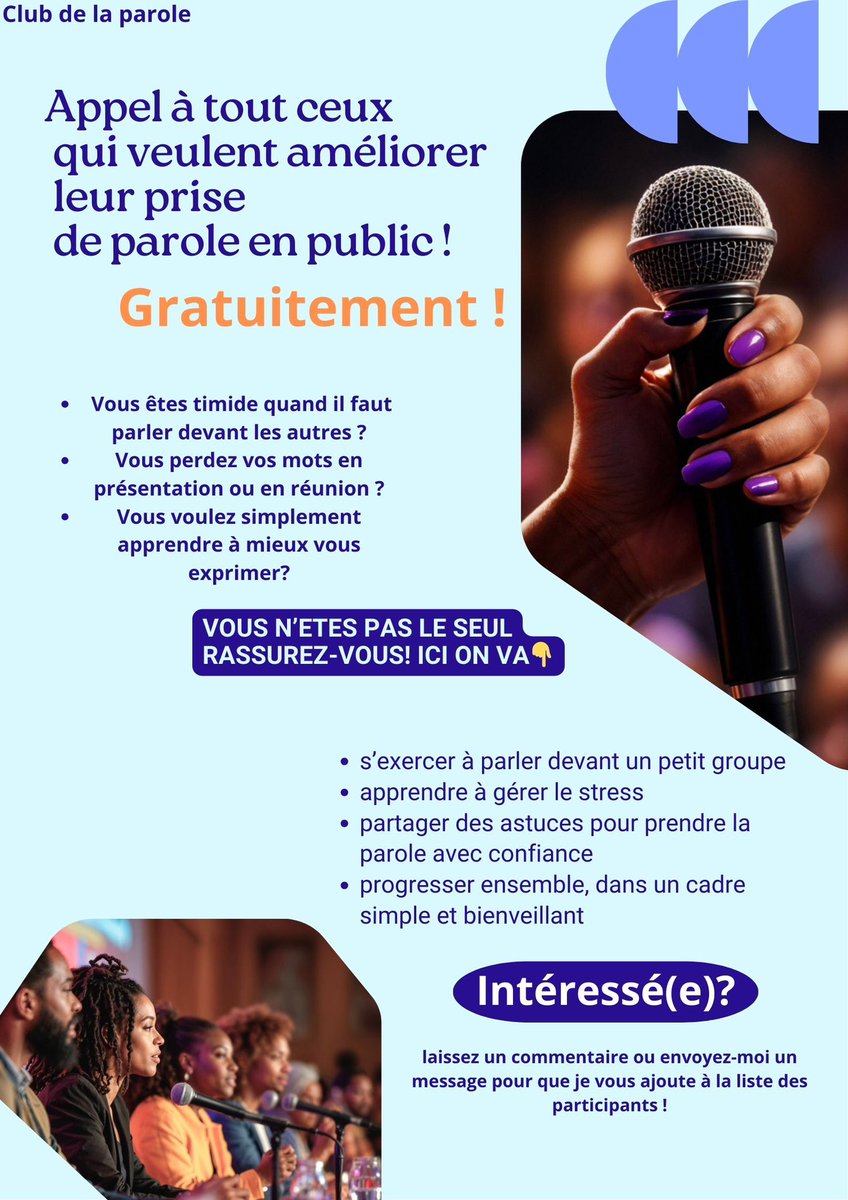 PrettySsatou's tweet image. Enfin, Je me lance !

J’ai créé un club de la parole pour tous ceux qui, comme moi, sont timides et ont peur de parler en public.
Un espace bienveillant pour s’entraider, grandir et dompter notre peur.
Si tu es intéressé, rejoins nous !