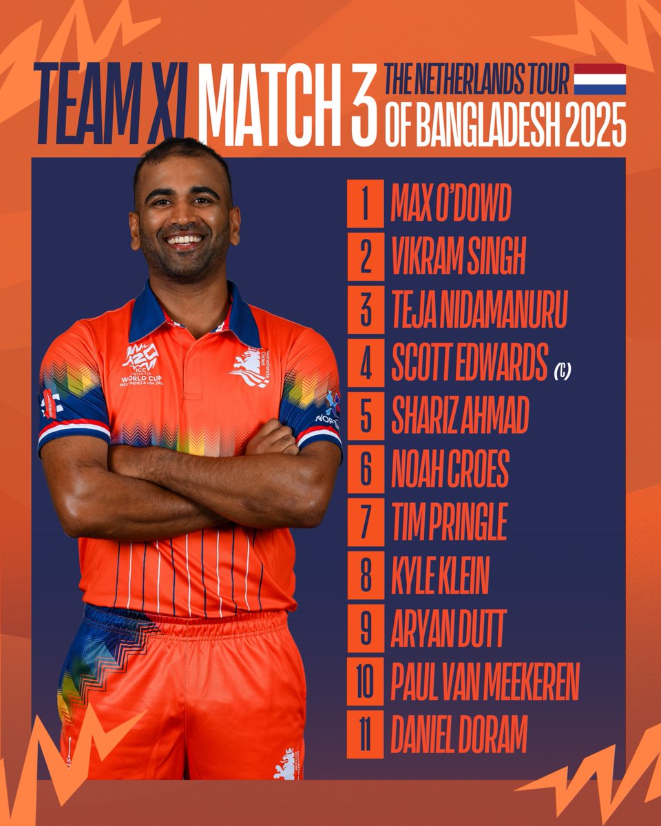 🪙 Toss Update &amp; Playing XI

The Netherlands have won the toss in Sylhet and elected to bowl first.

Just one change for the Dutch today, with Tim Pringle returning to the side in place of Sikander Zulfiqar.

No feature for de Lange, Zulfiqar, Braat, and Fletcher, as the team