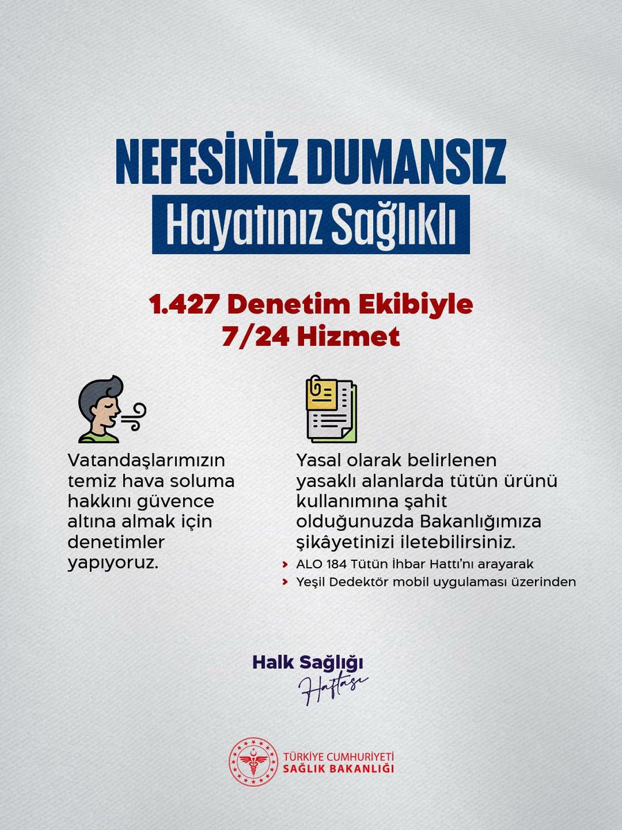 Yasal olarak belirlenen yasaklı alanlarda tütün ürünü kullanımına şahit olduğunuzda Bakanlığımıza şikâyetinizi iletebilirsiniz.

📞 ALO 184 Tütün İhbar Hattı
📲 Yeşil Dedektör Mobil Uygulaması

#HalkSağlığıHaftası #KoruyanGeliştirenSağlık #DumansızTürkiye #SağlıklıTürkiyeYüzyılı
