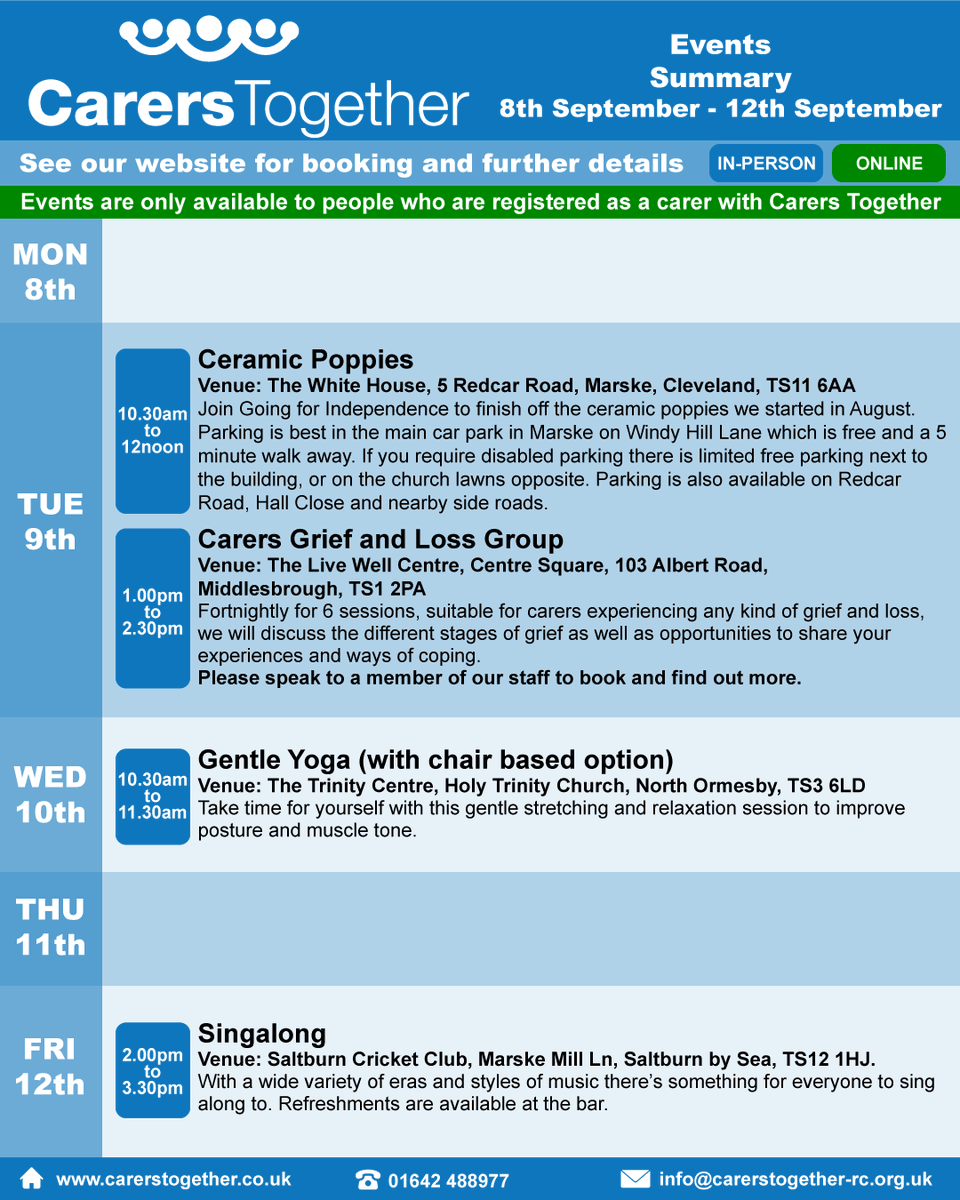 A summary of the events and groups on at Carers Together next week - beginning 8th September.

For further information and to book onto an event visit our website at carerstogether.co.uk/events/