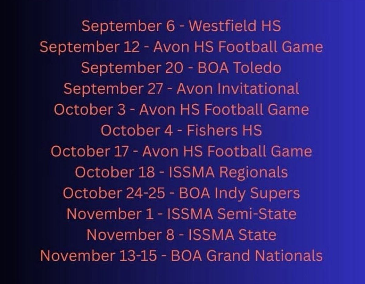 Avon Marching Band starts the competition season this coming Saturday!! LETS GO AVON!!
