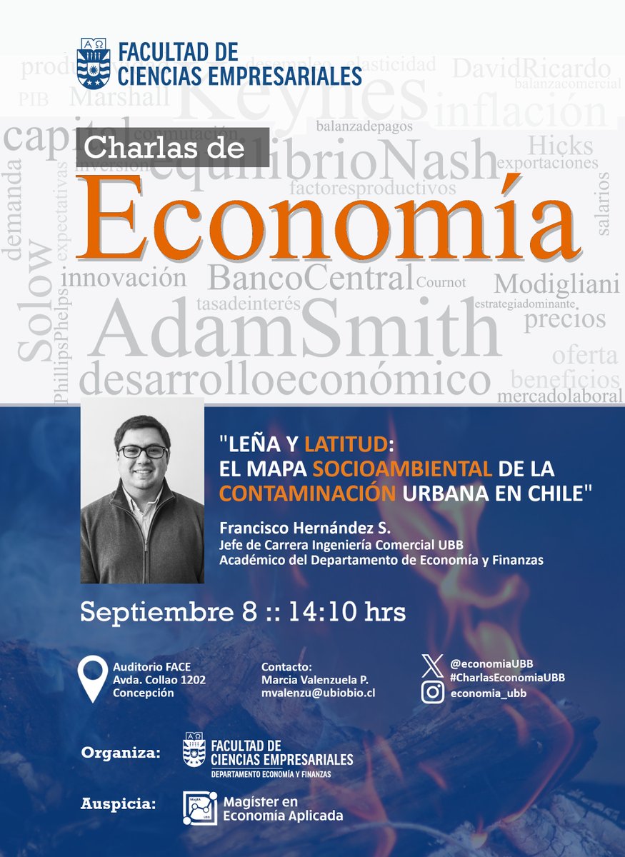 El próximo lunes 8 de septiembre a las 14:10 hrs, el Profesor Francisco Hernández  presentará  "Leña y Latitud: El mapa socioambiental de la contaminación urbana en Chile". 
Organiza: Depto. de Economía y Finanzas. Charlas de Economía. 📌 Auditorio FACE, #Concepción