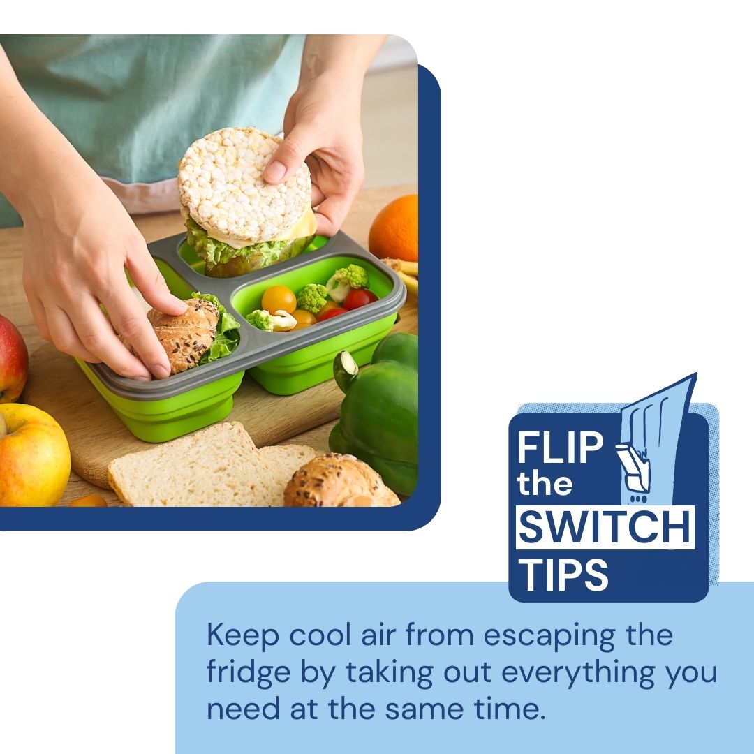 🍎 Here’s a #BacktoSchool energy-saving tip for the school year: Take any food you’re packing for lunches out of the refrigerator all at once instead of repeatedly opening and closing the door!