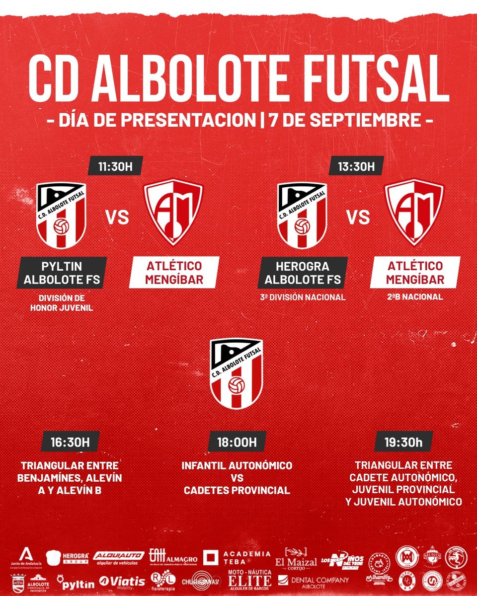 👋🏻 𝗗𝗜𝗔 𝗗𝗘 𝗣𝗥𝗘𝗦𝗘𝗡𝗧𝗔𝗖𝗜𝗢𝗡 | El CD Albolote  Futsal celebrará este domingo la presentación de los equipos en el Pabellón Municipal de Albolote a partir de las 11:30h.

🔥 ¡El día estará cargado de partidos muy interesantes!

🤗 Te esperamos el próximo domingo.