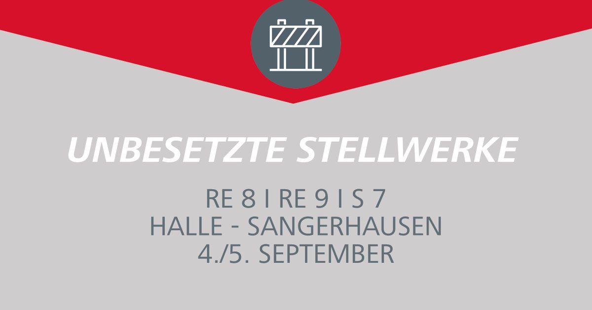 Nicht besetztes #Stellwerk der #DB: Vom 4.9., 18 Uhr, bis 5.9., 6 Uhr, fahren Busse statt Zügen zwischen #Halle und #Sangerhausen. #RE8 #RE9 #S7
Fahrplan unter abellio.de