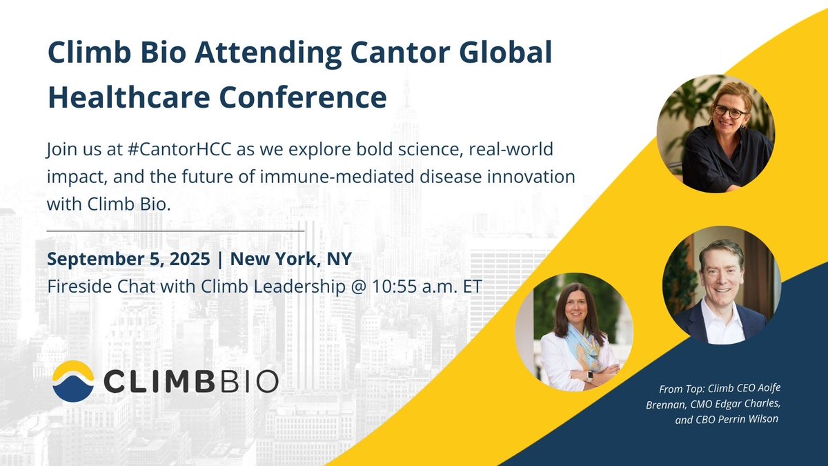 Climb Bio (@climbbio) on Twitter photo #ICYMI: Climb Bio kicks off September @ CantorHCC in NYC!
🗓️ Sept 5 | 10:55 a.m. ET: Fireside chat w/ CEO Aoife Brennan, CMO Edgar Charles, and CBO Perrin Wilson
Webcast: loom.ly/ytfUCfk
Press release: loom.ly/qm7uF-wnews-ev…
#CantorHCC #ICYMI: Climb Bio kicks off September @ CantorHCC in NYC!
🗓️ Sept 5 | 10:55 a.m. ET: Fireside chat w/ CEO Aoife Brennan, CMO Edgar Charles, and CBO Perrin Wilson
Webcast: loom.ly/ytfUCfk
Press release: loom.ly/qm7uF-wnews-ev…
#CantorHCC