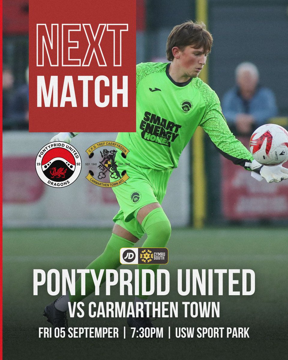 𝐍𝐄𝐗𝐓 𝐔𝐏 🔜

Pontypridd United 🆚 <a href="/CarmarthenAFC/">Carmarthen Town AFC 🏴󠁧󠁢󠁷󠁬󠁳󠁿</a> 

📅 Friday 5th September
⏰ 7:30PM
🏟 USW Sport Park
📍 CF37 5UP

Looking to build on last weekend's strong cup performance - c'mon Dragons! 💪

Tickets: buff.ly/hFQv8W7

#OneClub #WeAreUnited