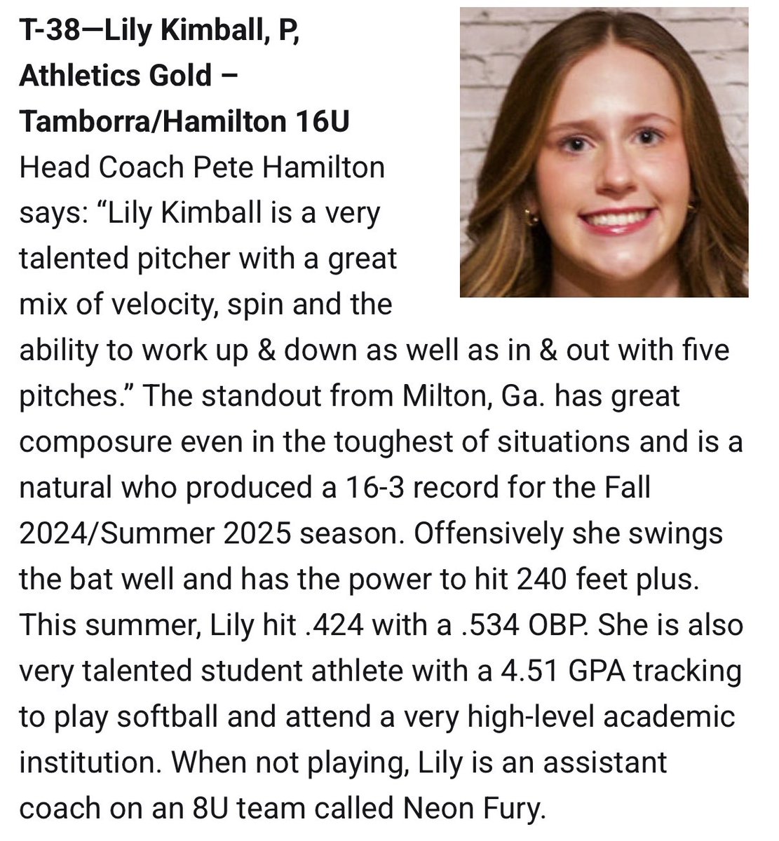 Thank you <a href="/LineDsoftball/">Line Drive Media</a> for ranking me #38 in the 2027 class! I’m grateful to be recognized alongside so many talented athletes and proud of all my 2027 teammates for being ranked in the top 50 in the country!

<a href="/CoachLauraRicc/">Laura Ricciardone</a>  <a href="/CoachSween/">Lisa Van Ackeren</a> <a href="/coachjennyrohn/">Jenny Rohn</a>  <a href="/katedrohan/">Kate Drohan</a>