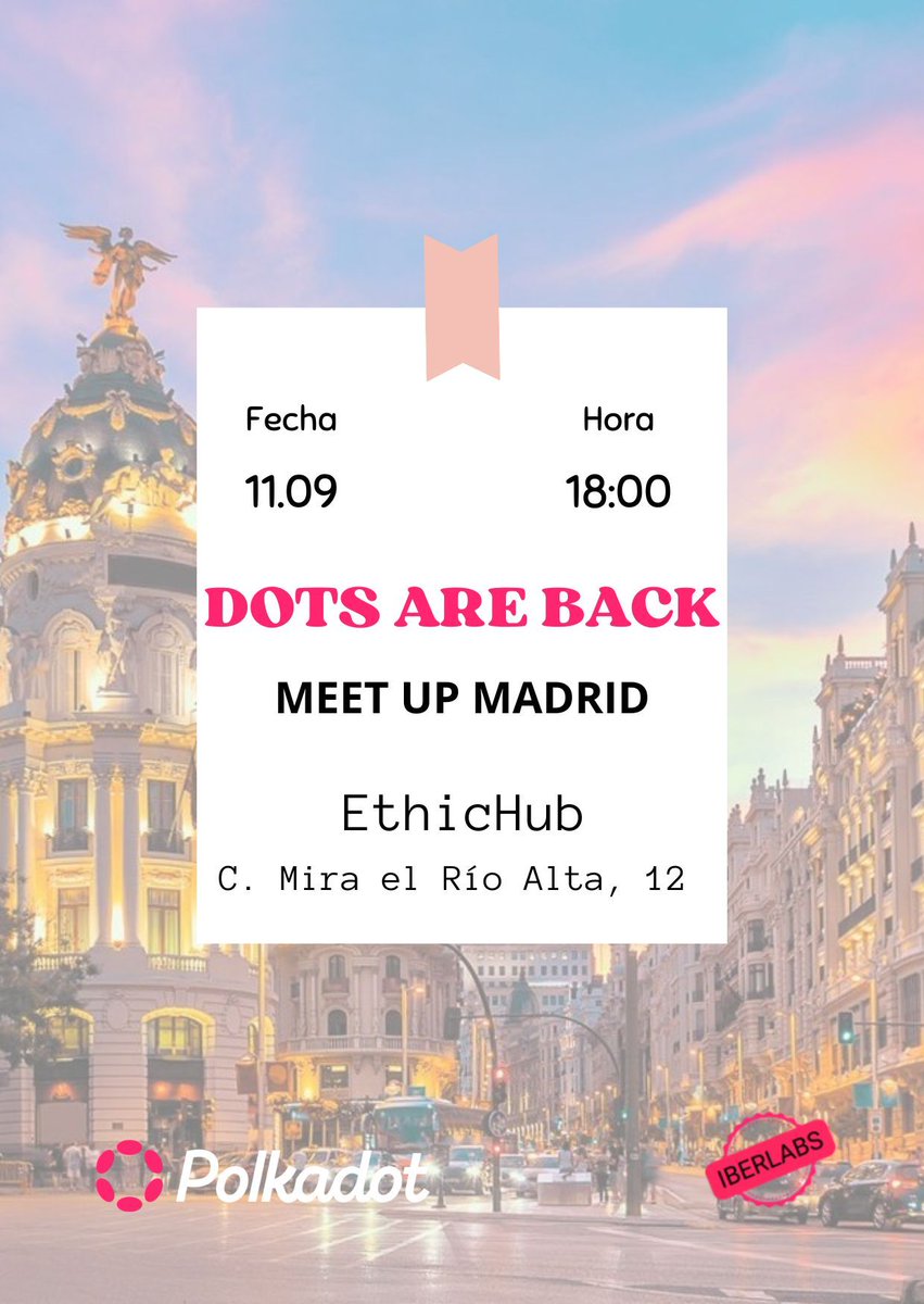 Ha pasado mucho tiempo desde la última vez que nos vimos, pero DOTS ARE BACK vuelve a Madrid.

¿Te interesan el blockchain y la web3? ¿Quieres conectar con personas afines y aprender algo nuevo? ⚡️

🗓️11 de septiembre
🕛 18:00
📍EthicHub