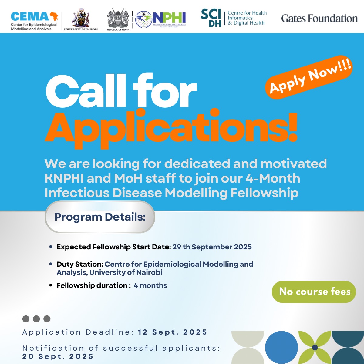 📢📢Call for Applications!
Passionate about tackling infectious diseases?
#CEMA, with <a href="/NPHIKenya/">NPHI Kenya</a> &amp; CHIDH–UoN, is offering a 4-month Infectious Disease Modelling Fellowship for NPHI &amp; <a href="/MOH_Kenya/">Ministry of Health</a>  staff.
Application deadline: September 12, 2025
Apply here: l1nq.com/pwgpw