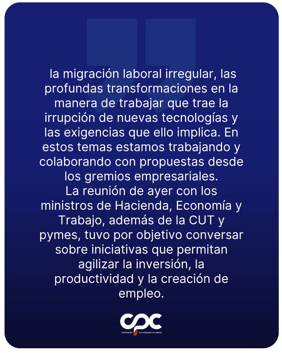 CPCchile's tweet image. La presidenta de la CPC @susanajimenezs fue clara: la negociación ramal no es el camino.
Chile necesita más empleo, productividad y formalidad, no medidas que afecten a las pymes con más desempleo e informalidad.
#CPC #Empleo #Productividad #Inversión