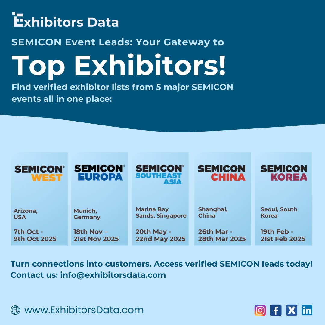 ExhibitorsData's tweet photo. Looking for semiconductor industry leads? We've compiled exhibitor lists from five major events happening this year. Find your next connection. Visit : https://t.co/37Oy0HBtyI
Contact : info@exhibitorsdata.com
#ExhibitorsData #EventsData #Semicon #Semiconductors #SEMICON2025 https://t.co/1gbCjo0NGe