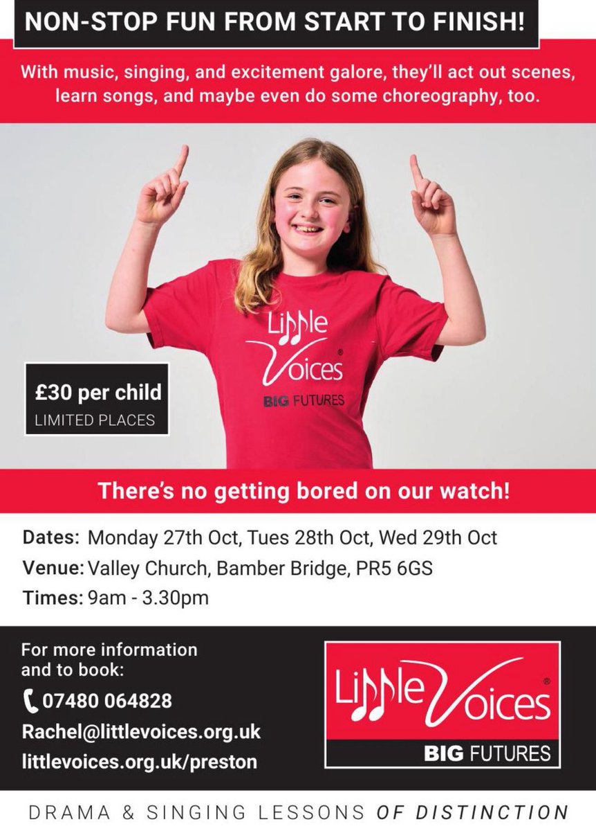 Lvoicespreston's tweet image. Bookings now open for our October Half-Term Workshops! 

3 seperate days of fun, friendship &amp;amp; creativity designed to develop skills and confidence. 🌟 #LittleVoices #holidayfun #BookToday 🎶🎭