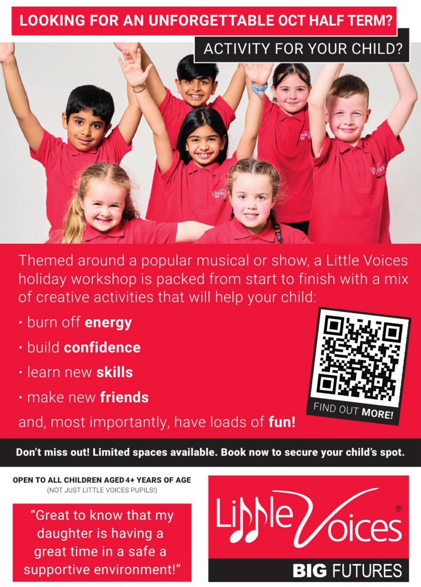 Lvoicespreston's tweet image. Bookings now open for our October Half-Term Workshops! 

3 seperate days of fun, friendship &amp;amp; creativity designed to develop skills and confidence. 🌟 #LittleVoices #holidayfun #BookToday 🎶🎭