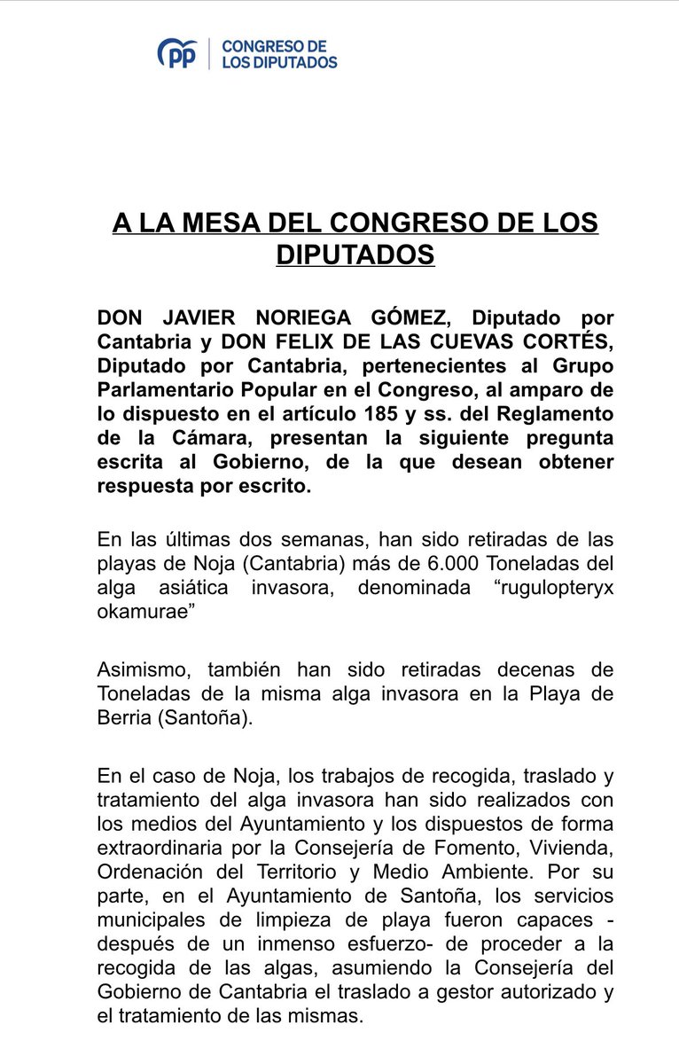 Desde el <a href="/GPPopular/">Grupo Popular Congreso</a>, los Diputados del <a href="/ppcantabria/">ppcantabria</a> exigimos al Gobierno de Pedro Sánchez que asuma sus #competencias sobre #Costas y

-Nos explique qué trabajos ha realizado o va a realizar el Ministerio para la Transición Ecológica respecto de la Estrategia Nacional de Control