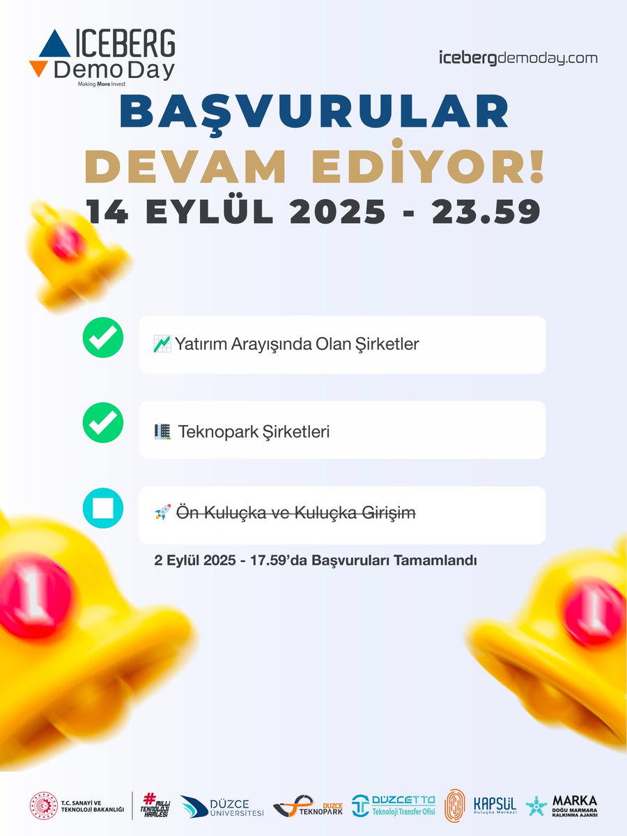 🚀 ICEBERG Demo Day 2025 Başvuruları Devam Ediyor!

Kimler Başvurabilir?
📈 Yatırım Arayışında olan Şirketler,
🏢 Teknopark Şirketleri
için başvurular devam ediyor!

🔗 icebergdemoday.com
📌 Son Başvuru Tarihi: 14 Eylül 2025 23:59'a kadar

#ICEBERG #DemoDay #DüzceTeknopark